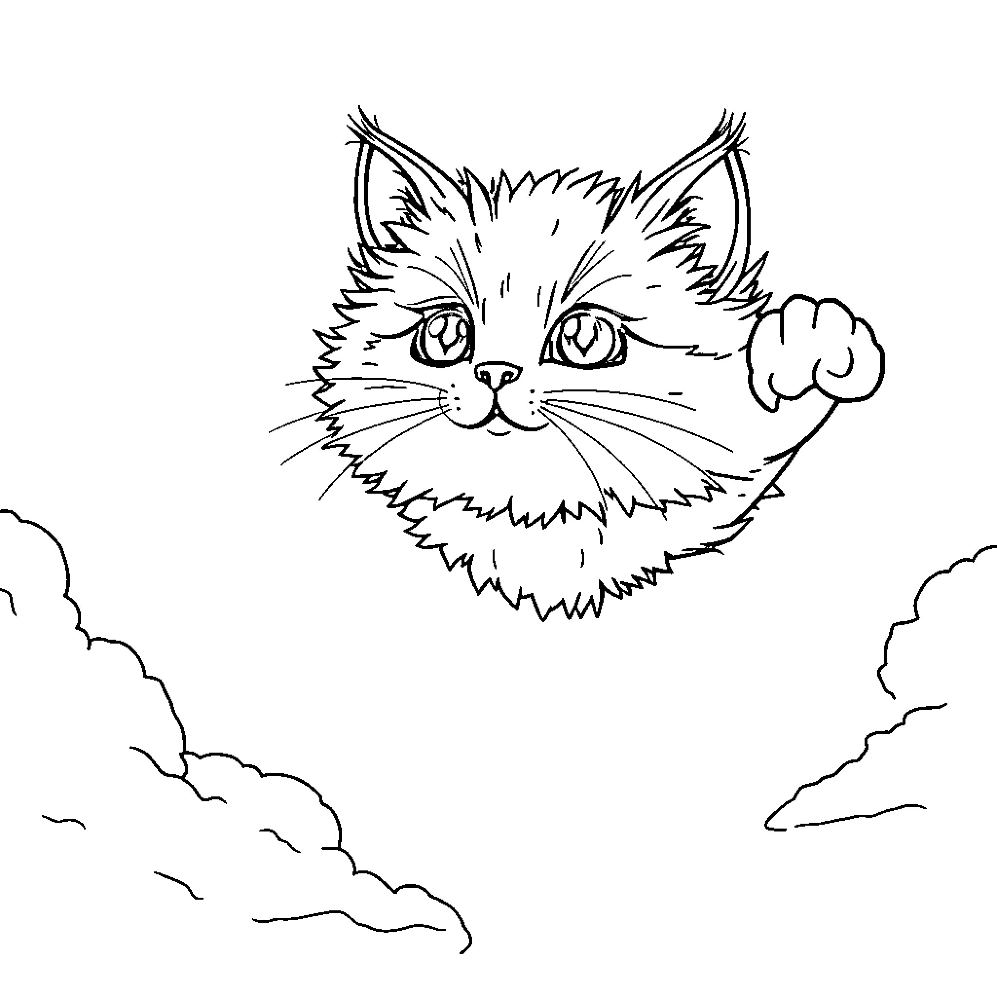 Cat gazing through the cloudy sky Coloring Page (free black-and-white line drawing printable PDF for all, from beginners to advanced learners, including children, teens, adults, and seniors)