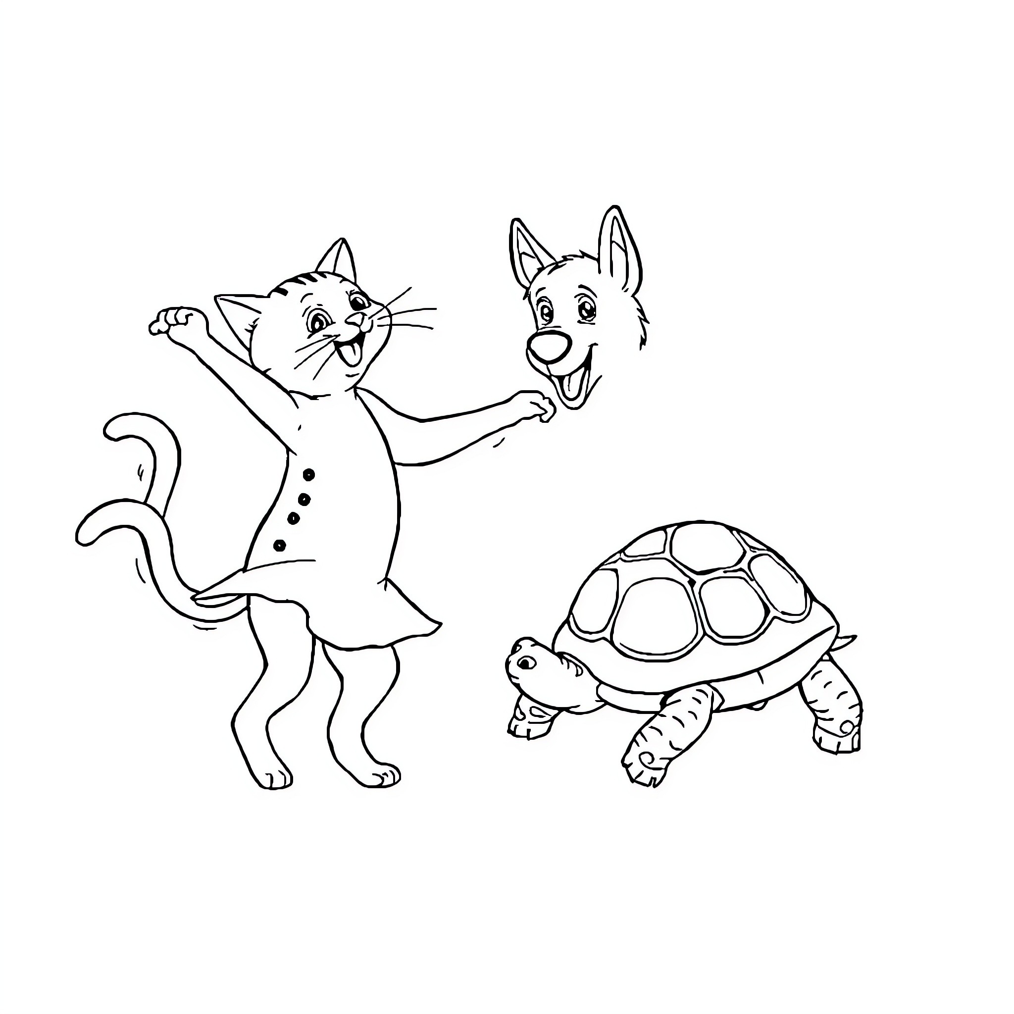 Chat between playful cat and curious turtle Coloring Page (free black-and-white line drawing printable PDF for all, from beginners to advanced learners, including children, teens, adults, and seniors)