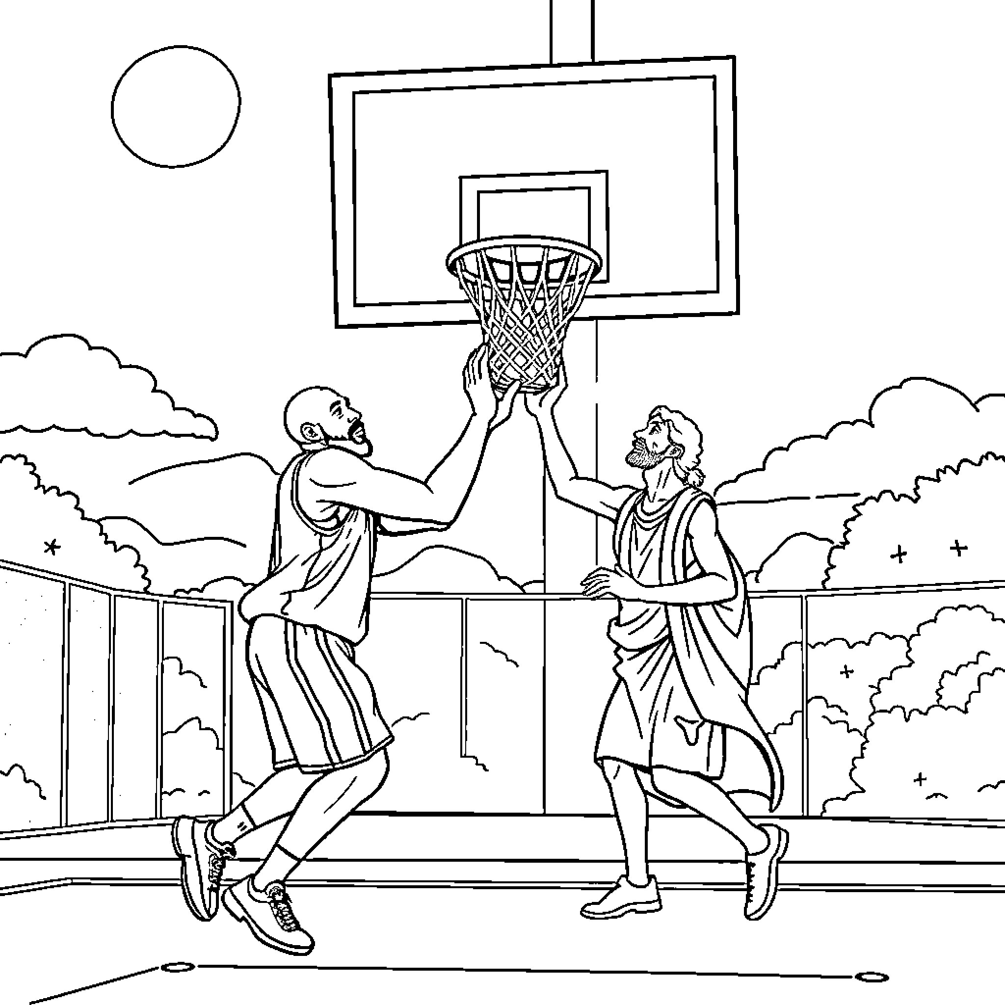 Kobe Bryant Basketball Players Competing on Court Coloring Page (free black-and-white line drawing printable PDF for all, from beginners to advanced learners, including children, teens, adults, and seniors)