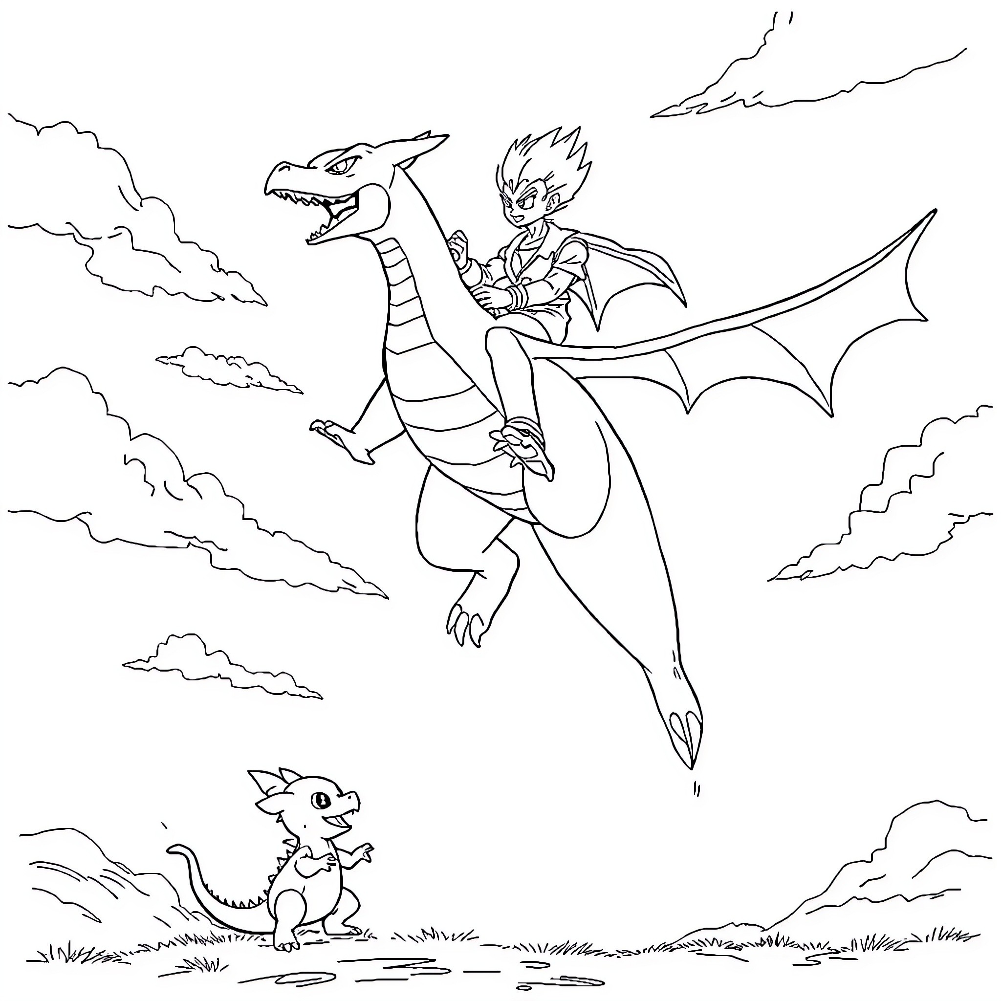 Vegeta soaring through the skies with a dragon Coloring Page (free black-and-white line drawing printable PDF for all, from beginners to advanced learners, including children, teens, adults, and seniors)