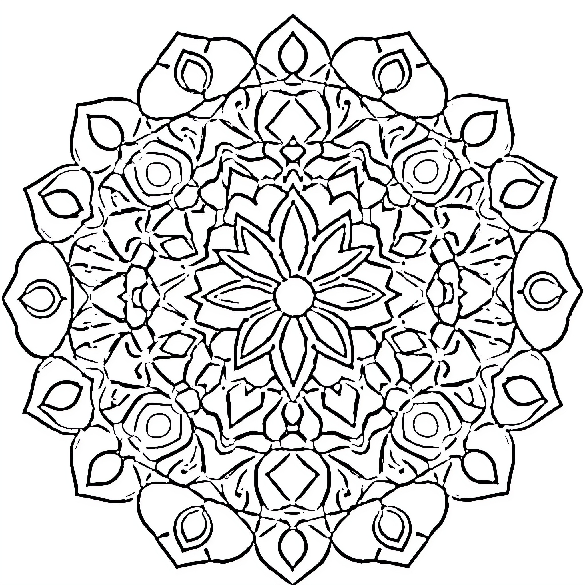 Mandala with intricate floral designs and symmetrical patterns Coloring Page (free black-and-white line drawing printable PDF for all, from beginners to advanced learners, including children, teens, adults, and seniors)