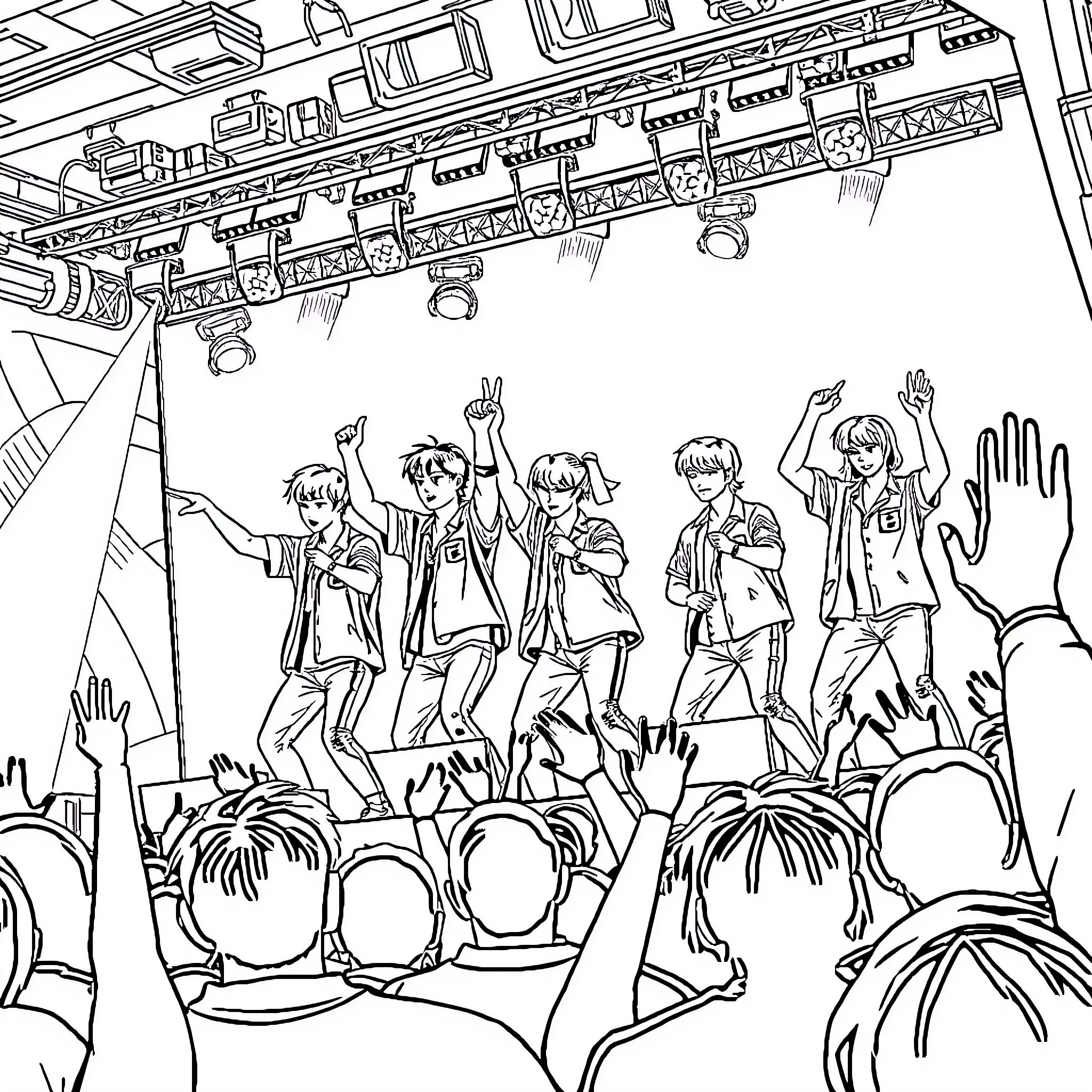 Stray Kids performing on stage with energetic expressions Coloring Page (free black-and-white line drawing printable PDF for all, from beginners to advanced learners, including children, teens, adults, and seniors)