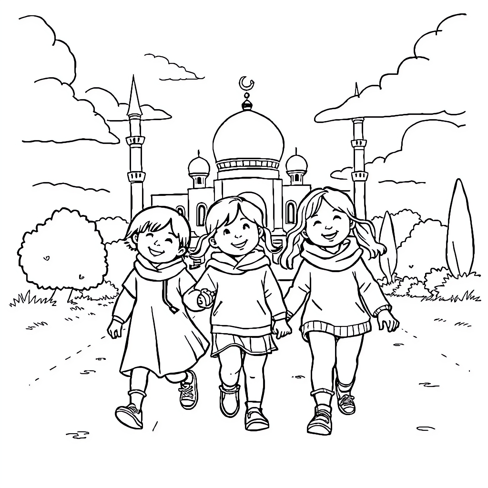 Children exploring a beautiful mosque landscape Coloring Page (free black-and-white line drawing printable PDF for all, from beginners to advanced learners, including children, teens, adults, and seniors)