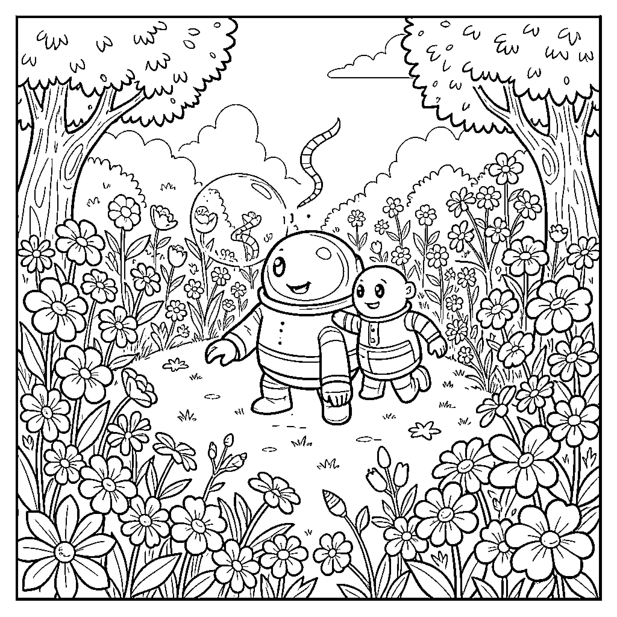 Octonaut characters exploring a flowery meadow together Coloring Page (free black-and-white line drawing printable PDF for all, from beginners to advanced learners, including children, teens, adults, and seniors)