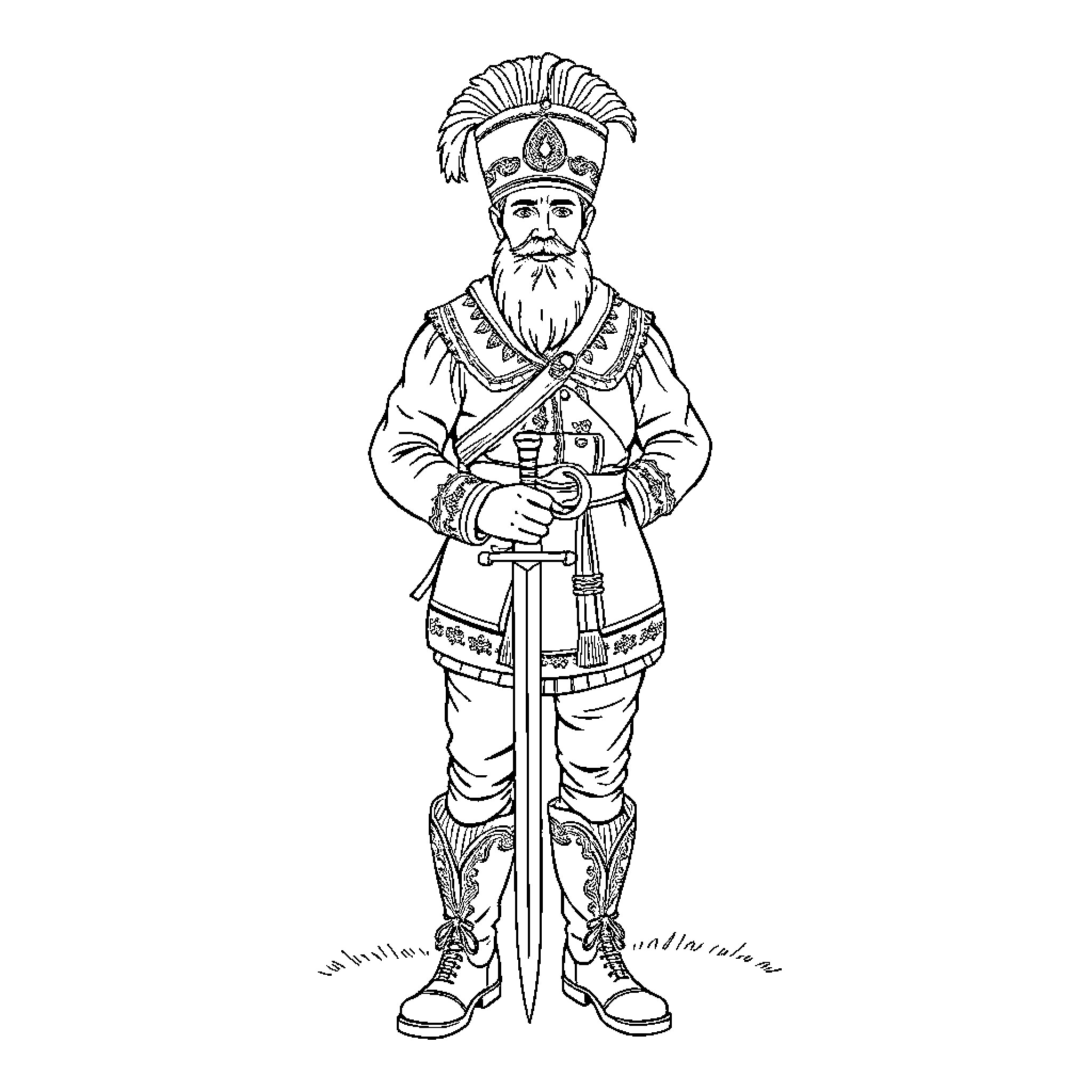 Cossack warrior in traditional uniform and posture Coloring Page (free black-and-white line drawing printable PDF for all, from beginners to advanced learners, including children, teens, adults, and seniors)