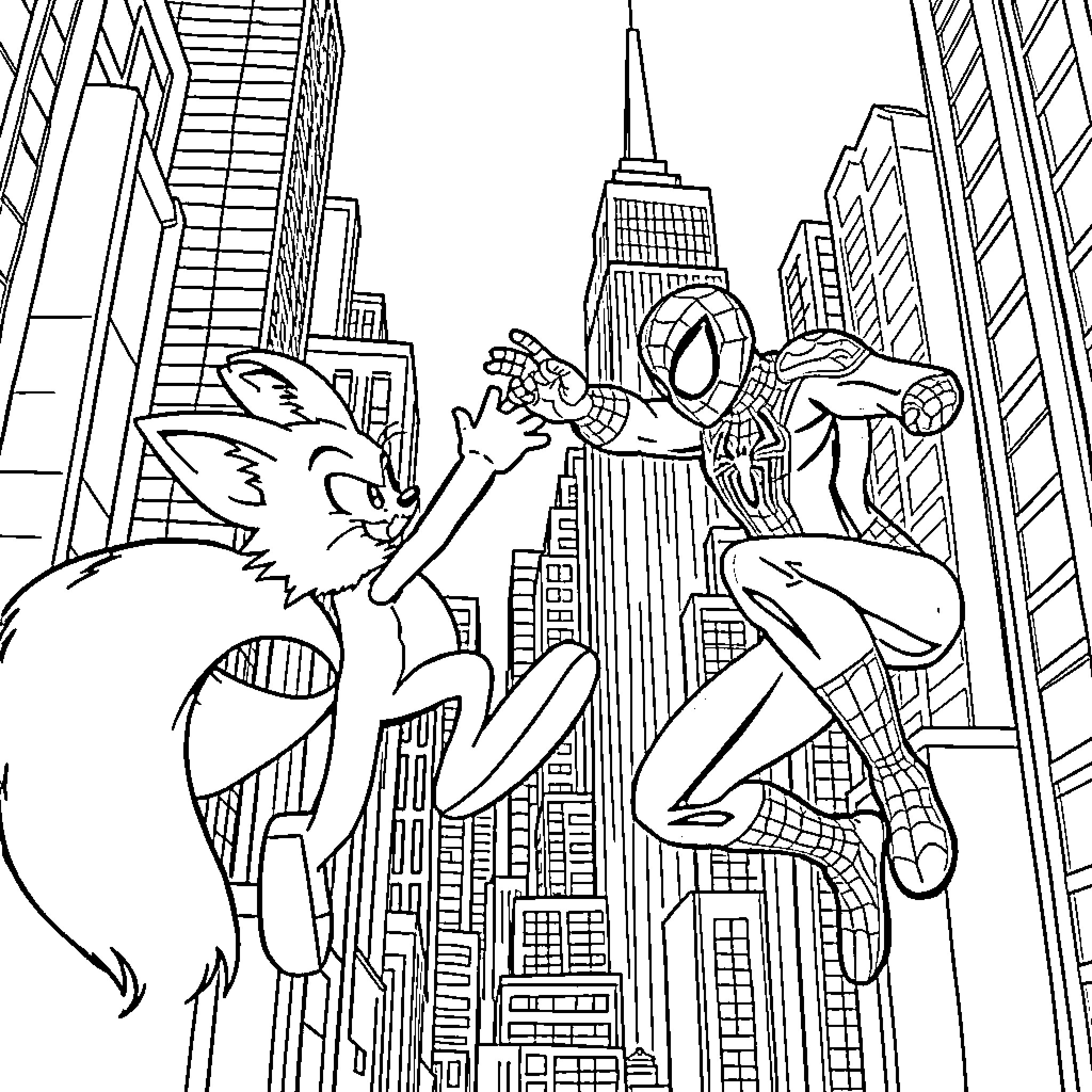 Tails of heroic figures in the city Coloring Page (free black-and-white line drawing printable PDF for all, from beginners to advanced learners, including children, teens, adults, and seniors)
