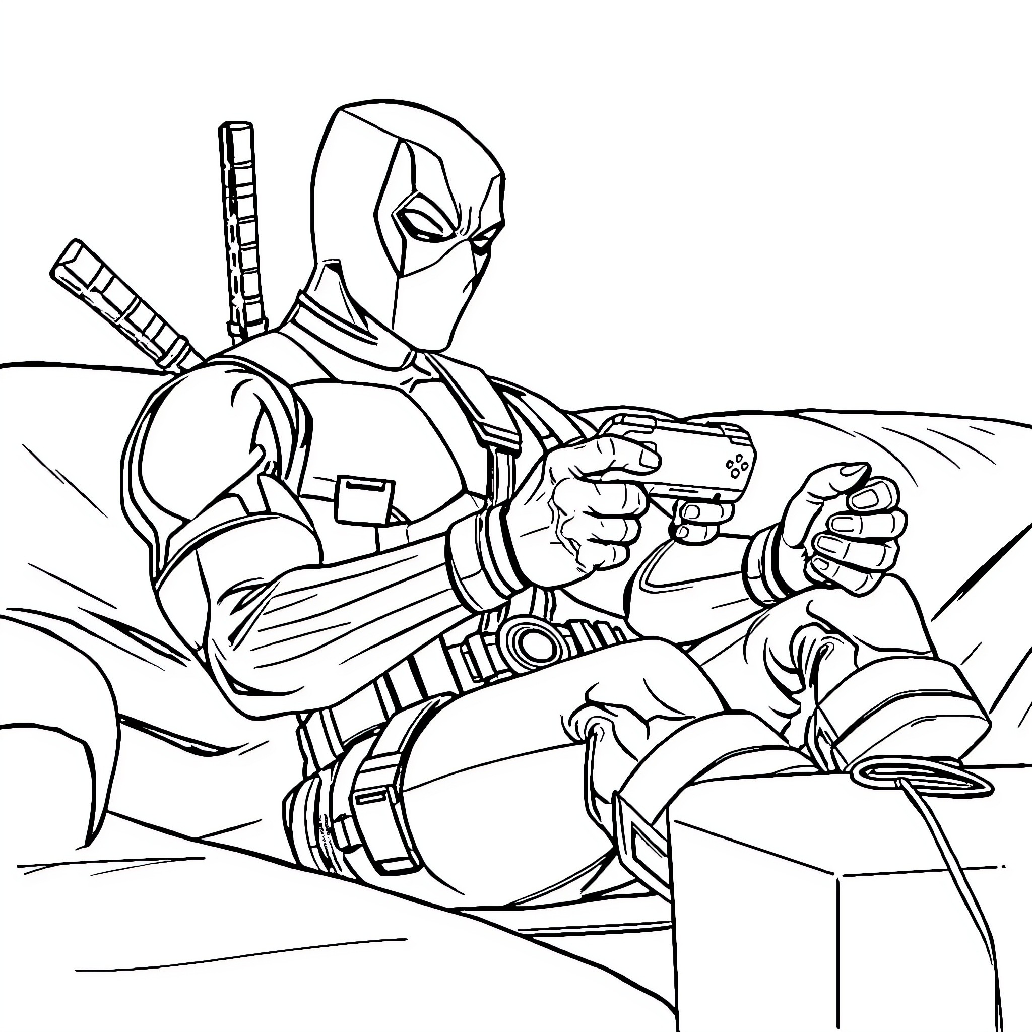 Deadpool Engaged in Intense Action Scene Coloring Page (free black-and-white line drawing printable PDF for all, from beginners to advanced learners, including children, teens, adults, and seniors)