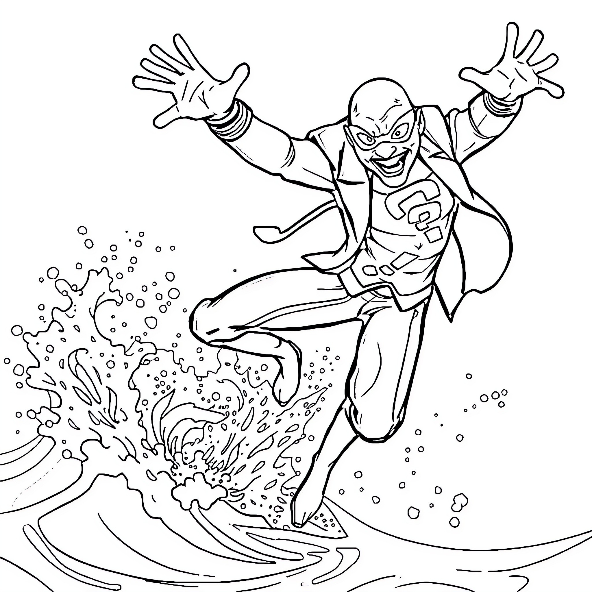 Riddler surfing on a wave of enthusiasm Coloring Page (free black-and-white line drawing printable PDF for all, from beginners to advanced learners, including children, teens, adults, and seniors)