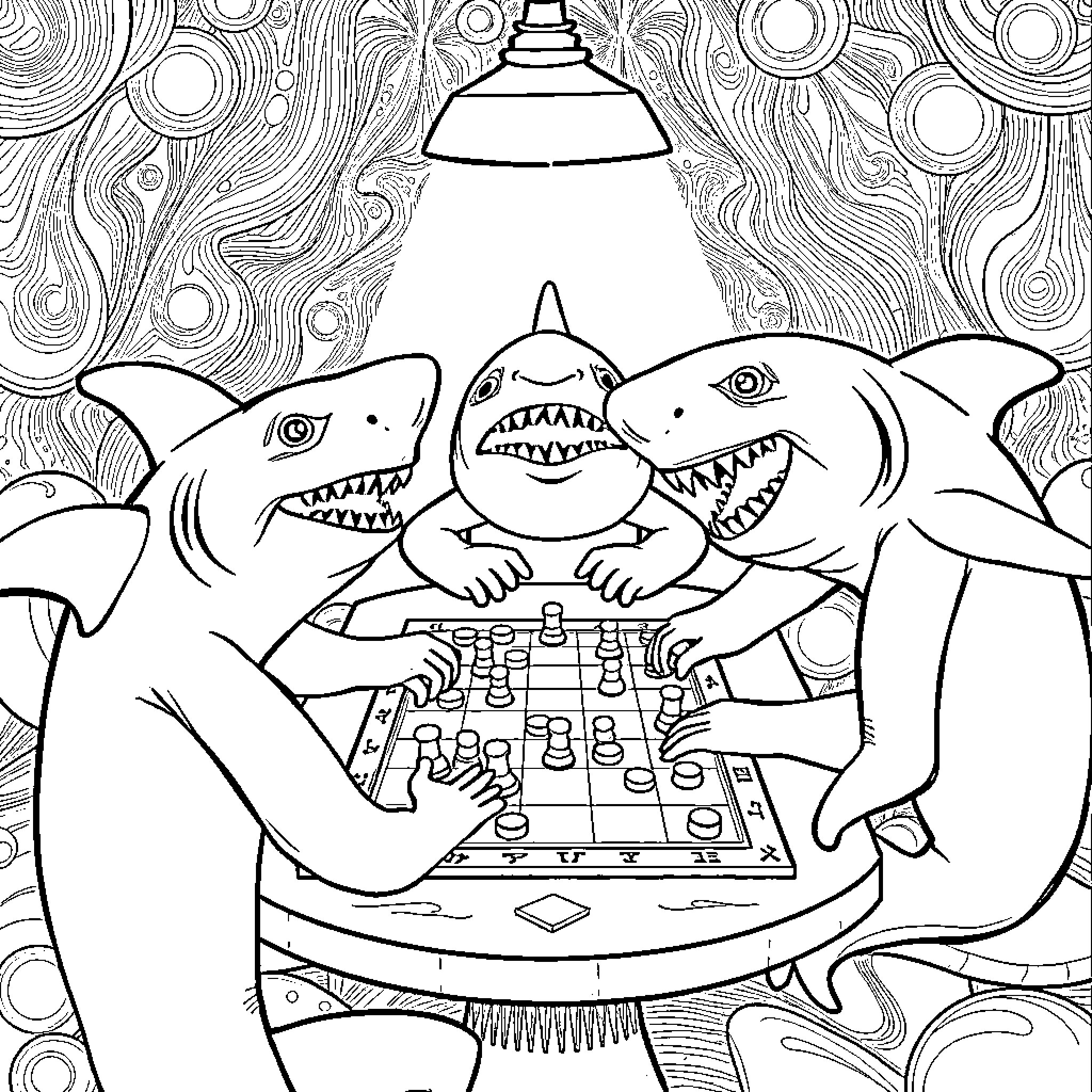 Shark friends playing a board game together Coloring Page (free black-and-white line drawing printable PDF for all, from beginners to advanced learners, including children, teens, adults, and seniors)