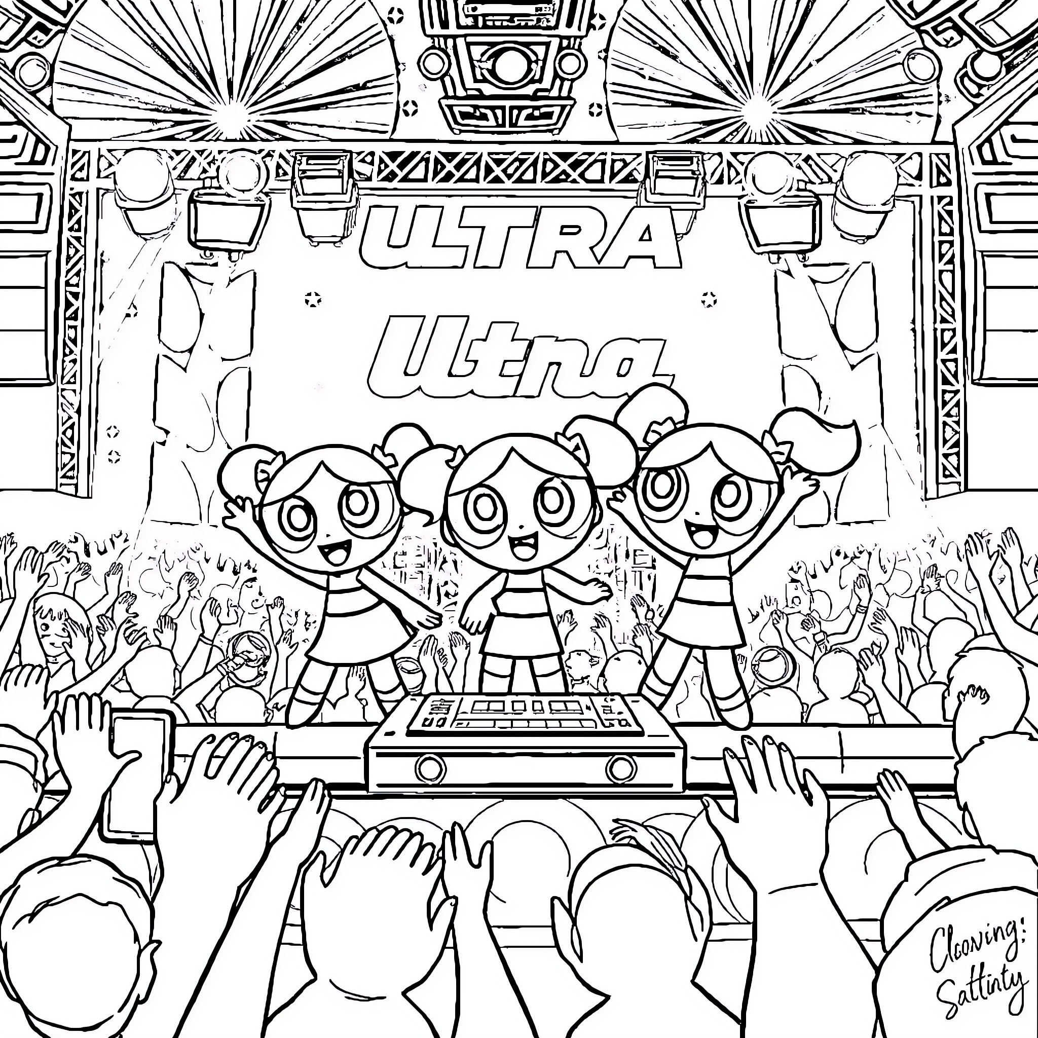 Power Puff Girls Performing on a Stage Coloring Page (free black-and-white line drawing printable PDF for all, from beginners to advanced learners, including children, teens, adults, and seniors)