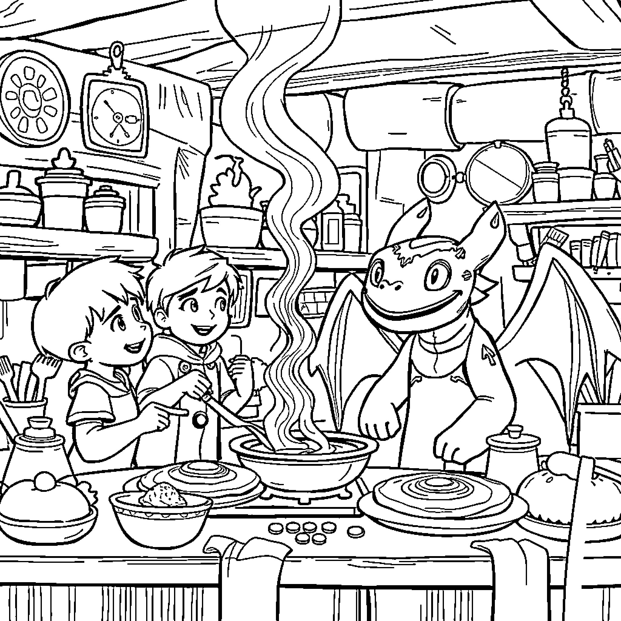 Dragon Friends Cooking Delicious Meal in Kitchen Coloring Page (free black-and-white line drawing printable PDF for all, from beginners to advanced learners, including children, teens, adults, and seniors)