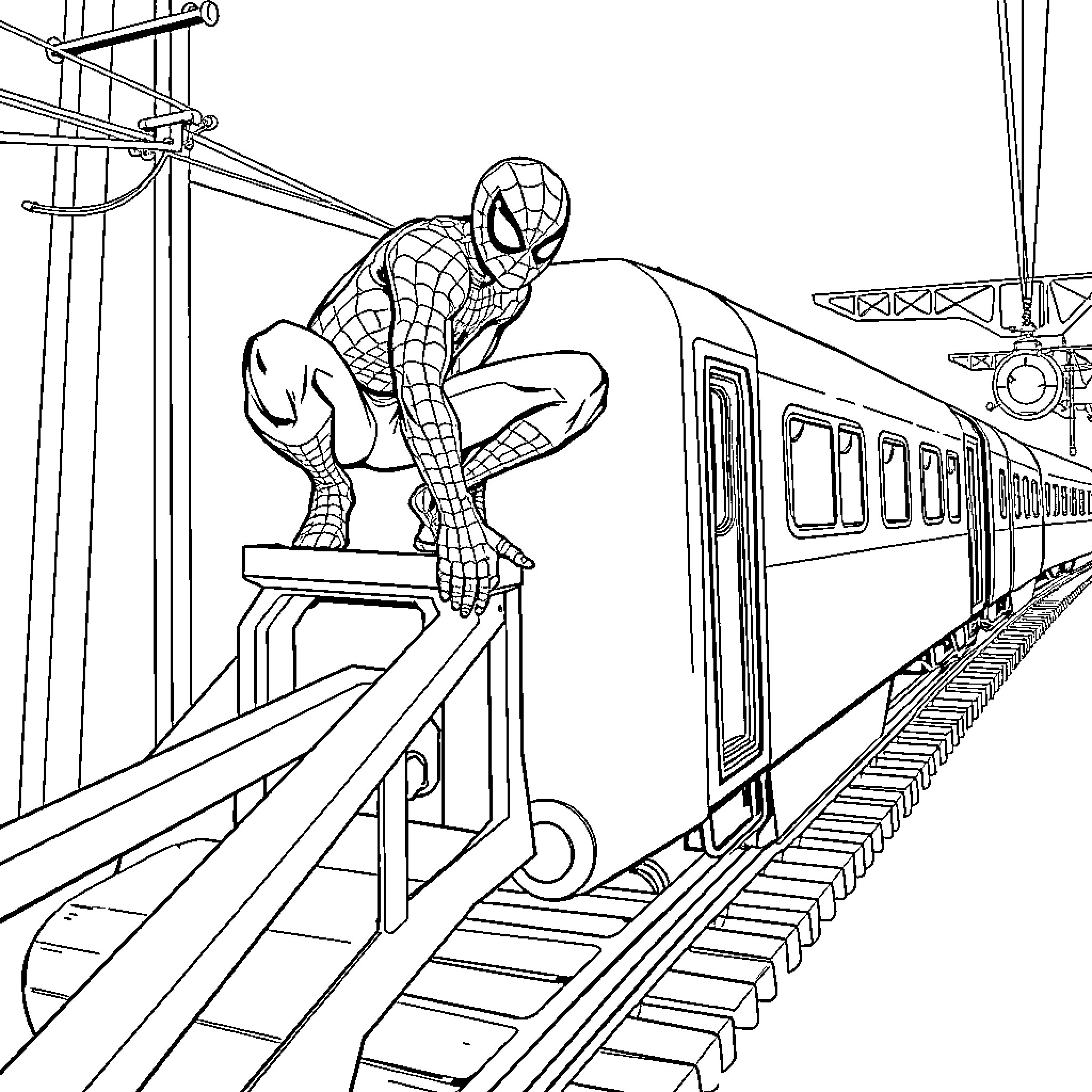 Spider-Man swinging on a train in the city Coloring Page (free black-and-white line drawing printable PDF for all, from beginners to advanced learners, including children, teens, adults, and seniors)