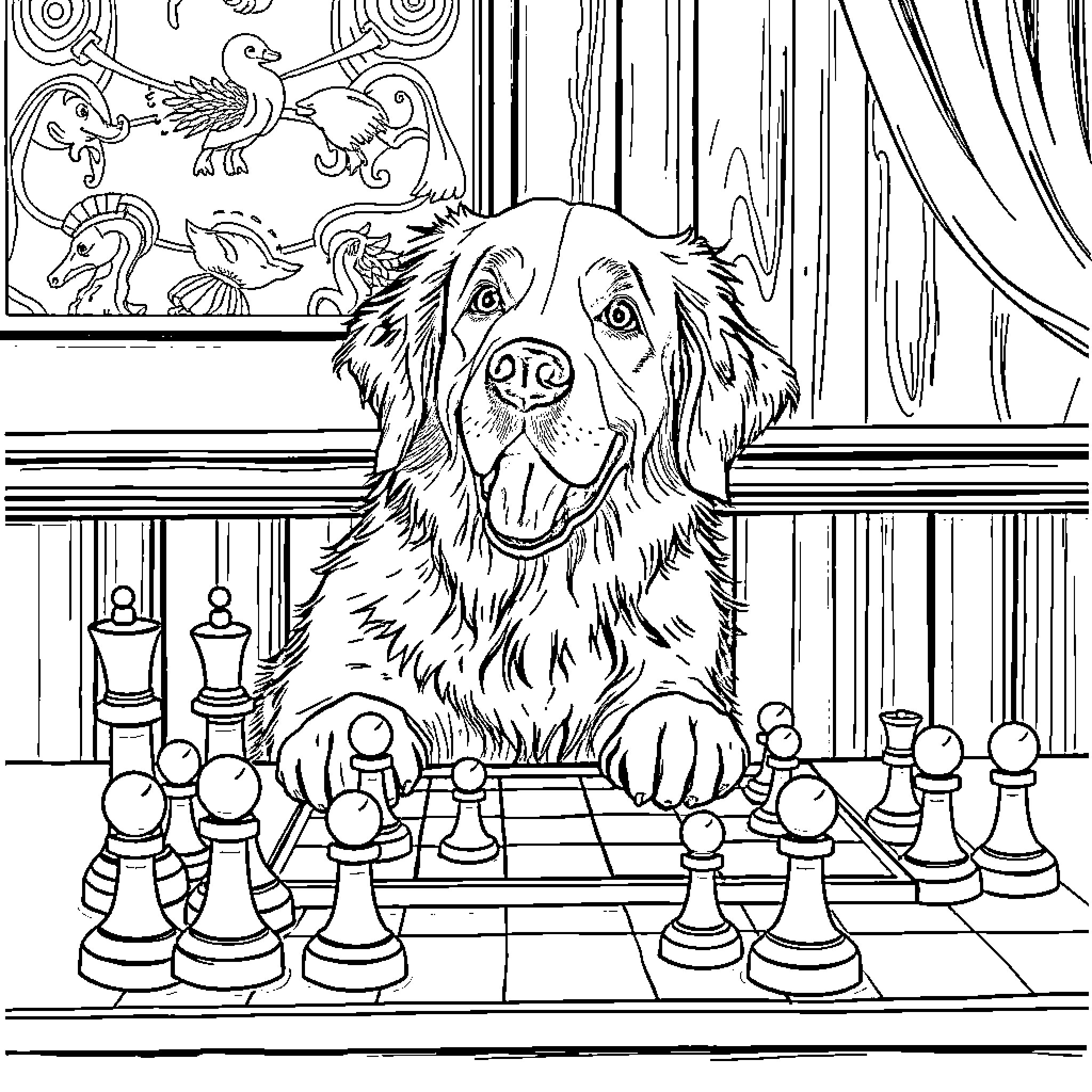 Golden Retriever contemplating chess strategy Coloring Page (free black-and-white line drawing printable PDF for all, from beginners to advanced learners, including children, teens, adults, and seniors)