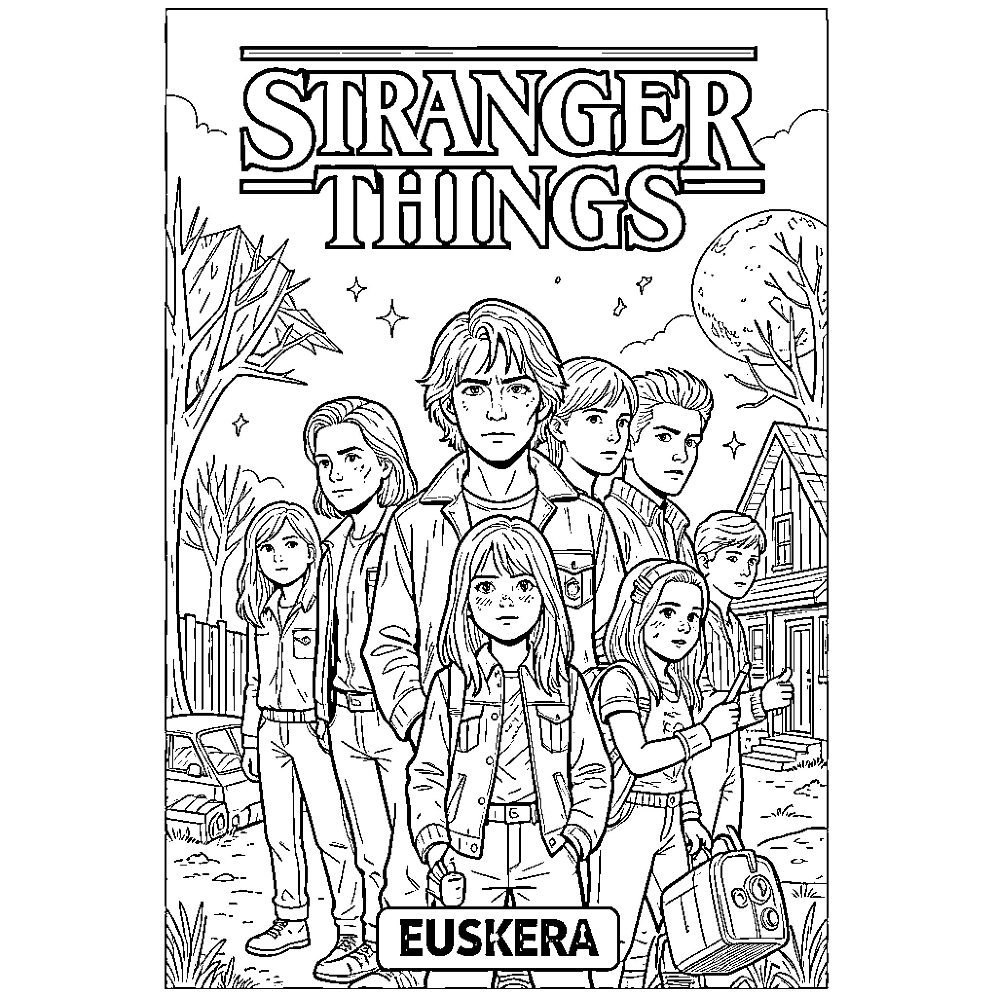 Stranger Things characters standing together in a group scene Coloring Page (free black-and-white line drawing printable PDF for all, from beginners to advanced learners, including children, teens, adults, and seniors)