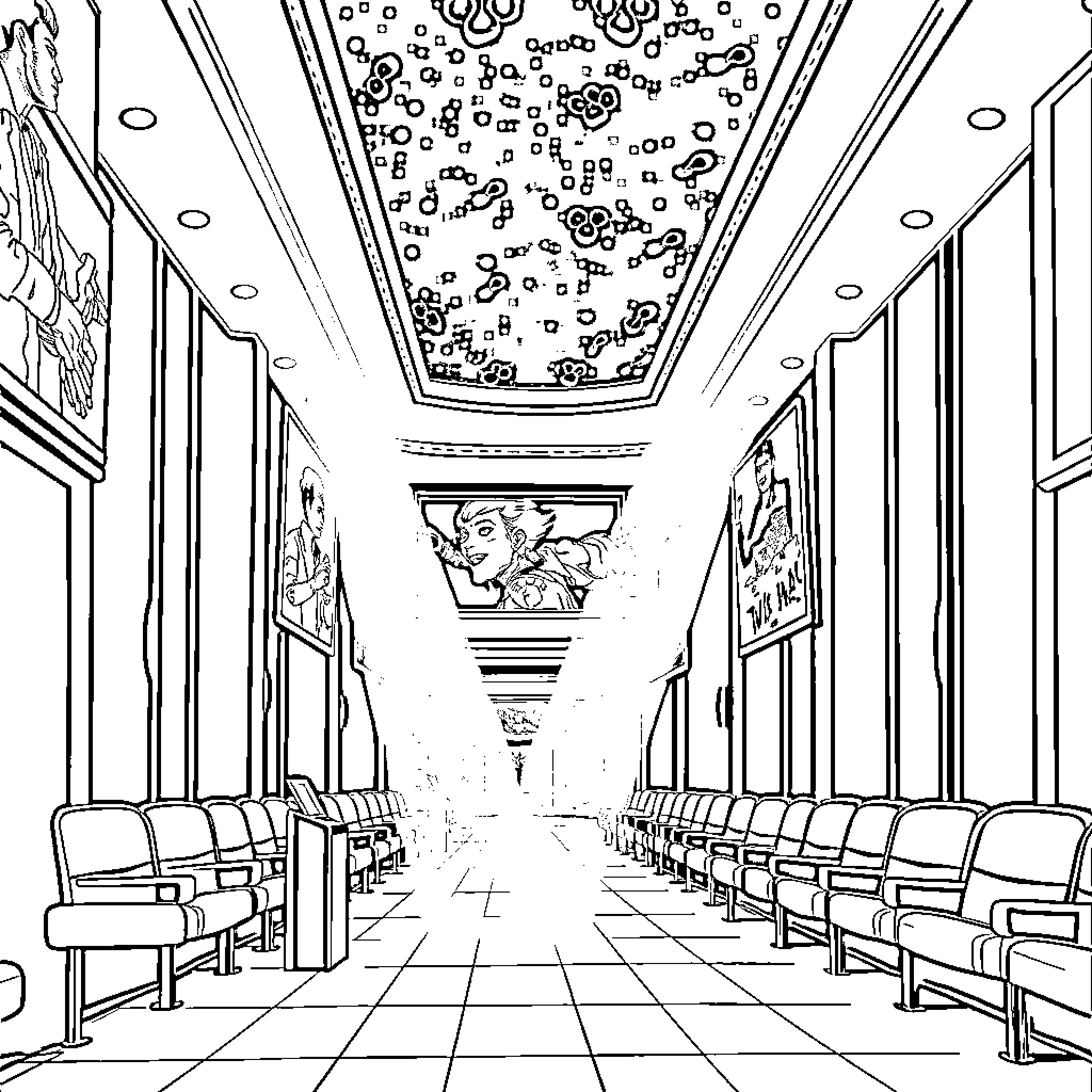 Movie Poster of an Elegant Theater Interior Coloring Page (free black-and-white line drawing printable PDF for all, from beginners to advanced learners, including children, teens, adults, and seniors)