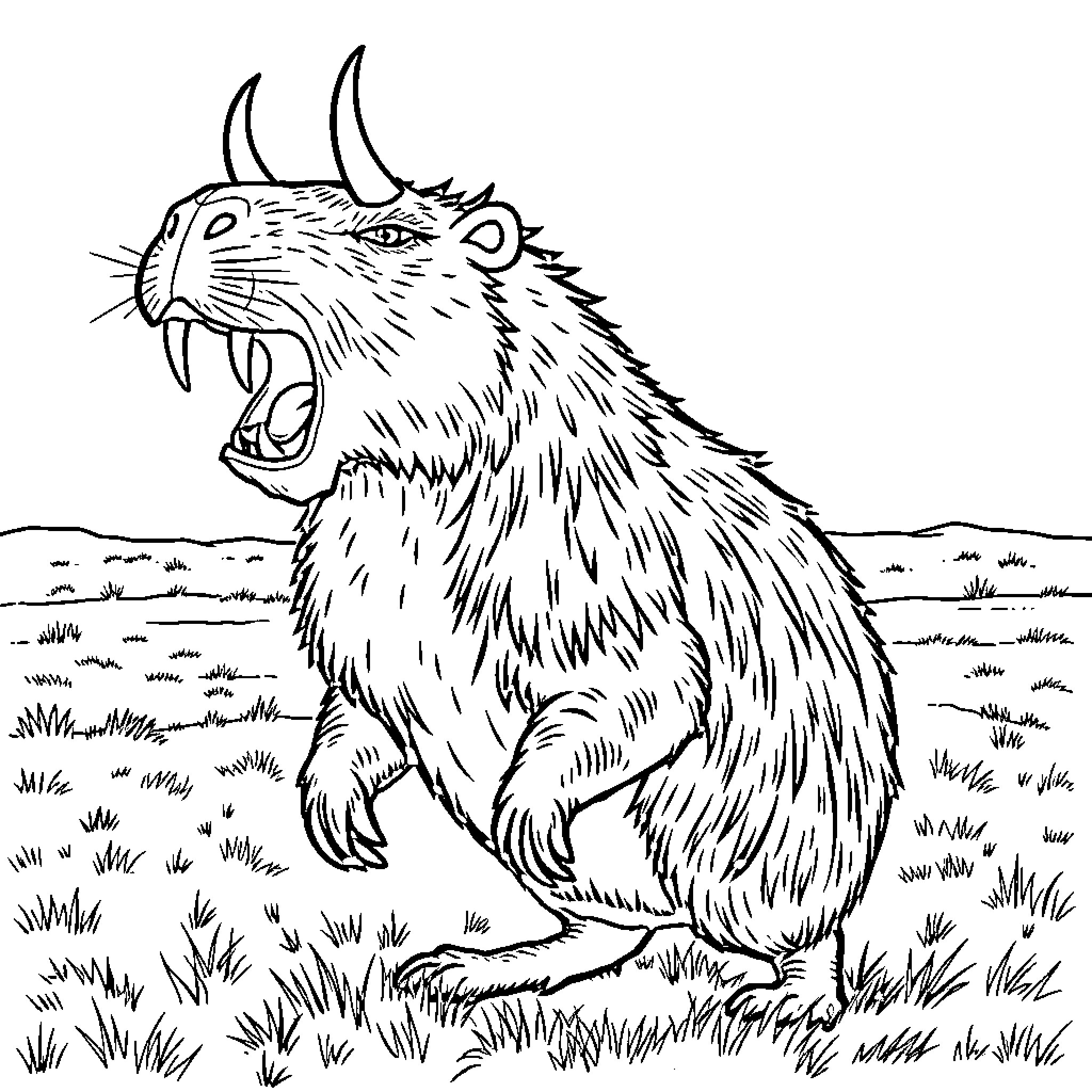 Capybara roaring loudly in the wilderness Coloring Page (free black-and-white line drawing printable PDF for all, from beginners to advanced learners, including children, teens, adults, and seniors)