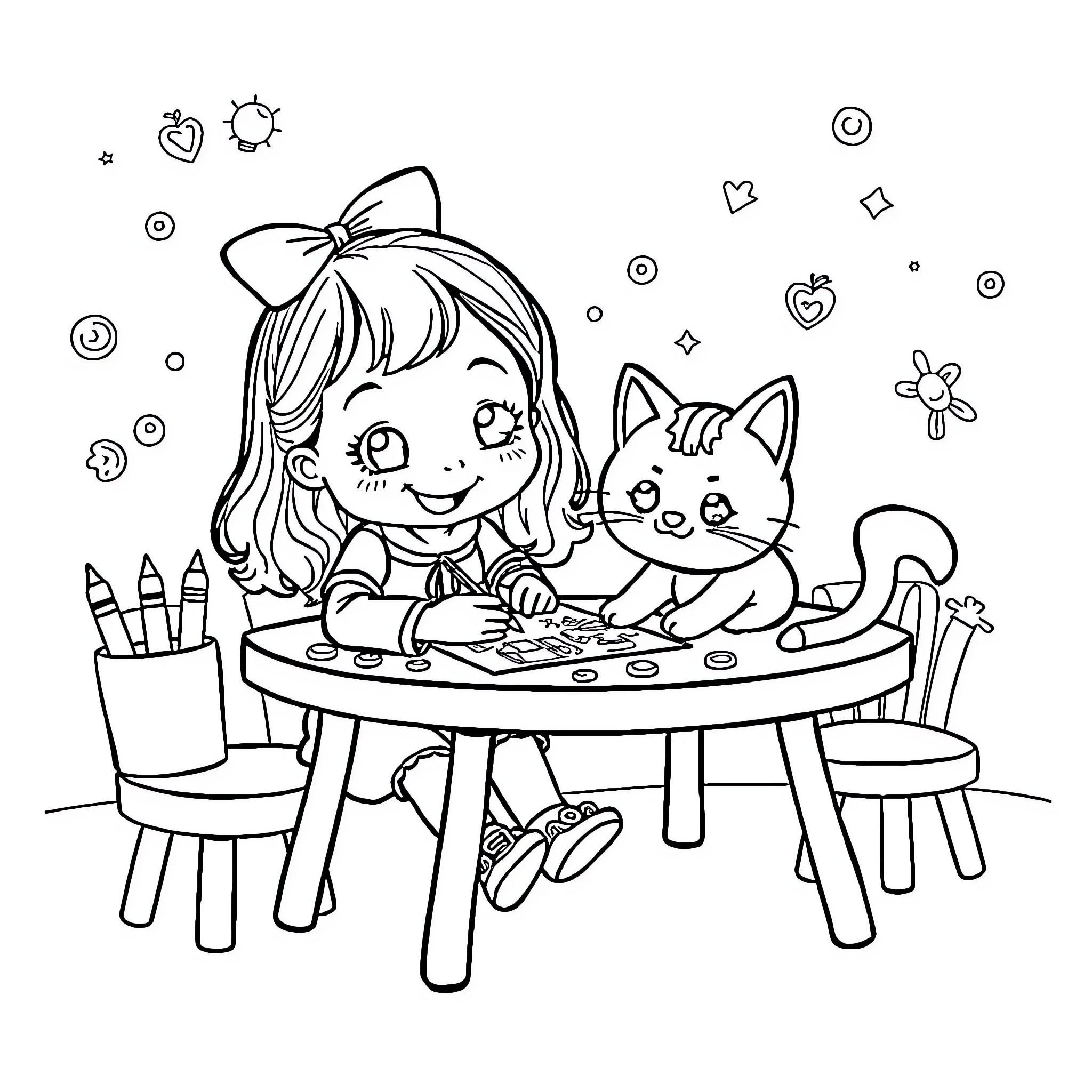 Gaby Coloring and Playing with Kitty Coloring Page (free black-and-white line drawing printable PDF for all, from beginners to advanced learners, including children, teens, adults, and seniors)