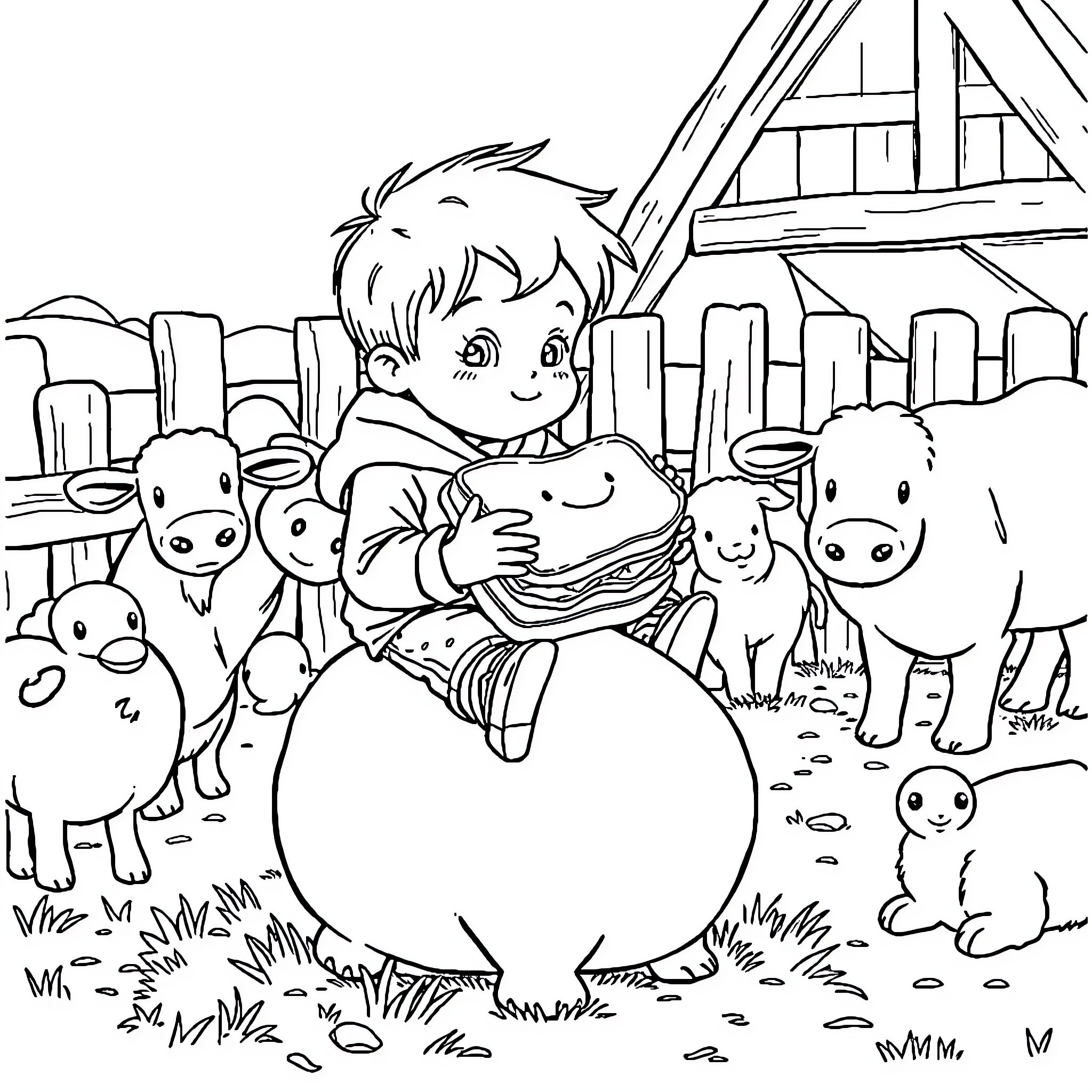 Boy plays with adorable farm animals Coloring Page (free black-and-white line drawing printable PDF for all, from beginners to advanced learners, including children, teens, adults, and seniors)