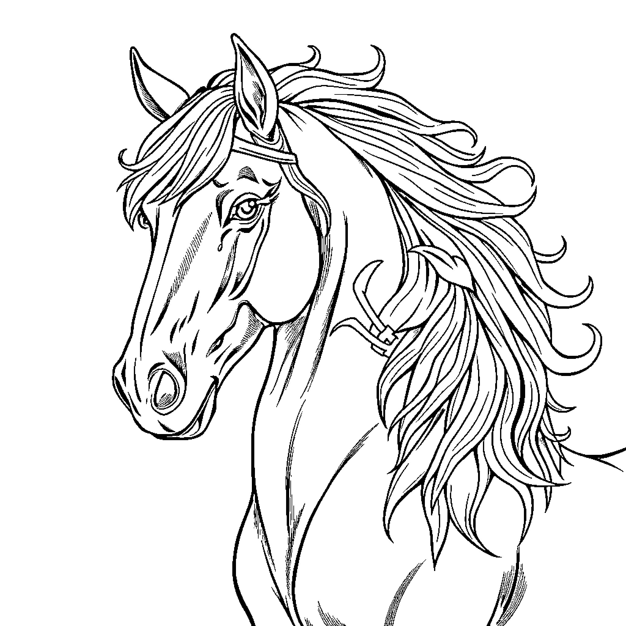 Horse with flowing mane and expressive eyes Coloring Page (free black-and-white line drawing printable PDF for all, from beginners to advanced learners, including children, teens, adults, and seniors)