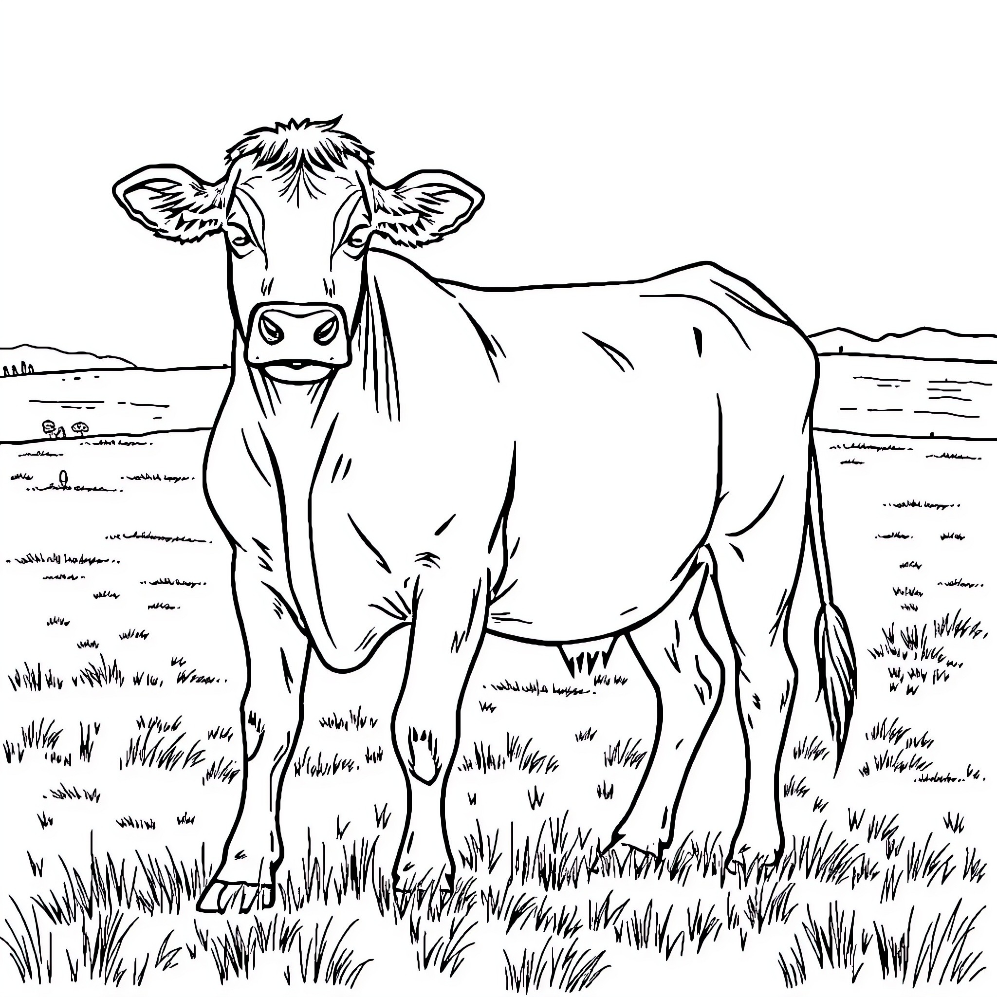 Cow standing curiously in a grassy field Coloring Page (free black-and-white line drawing printable PDF for all, from beginners to advanced learners, including children, teens, adults, and seniors)