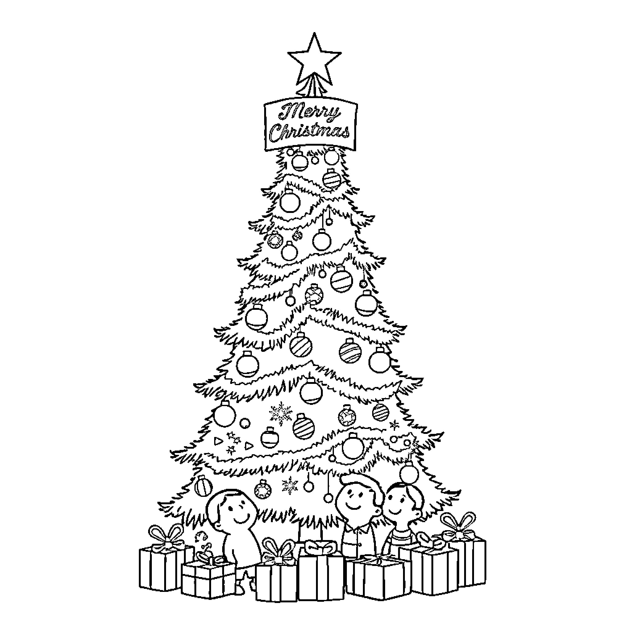Christmas Tree with Decorations and Smiling Figures Coloring Page (free black-and-white line drawing printable PDF for all, from beginners to advanced learners, including children, teens, adults, and seniors)