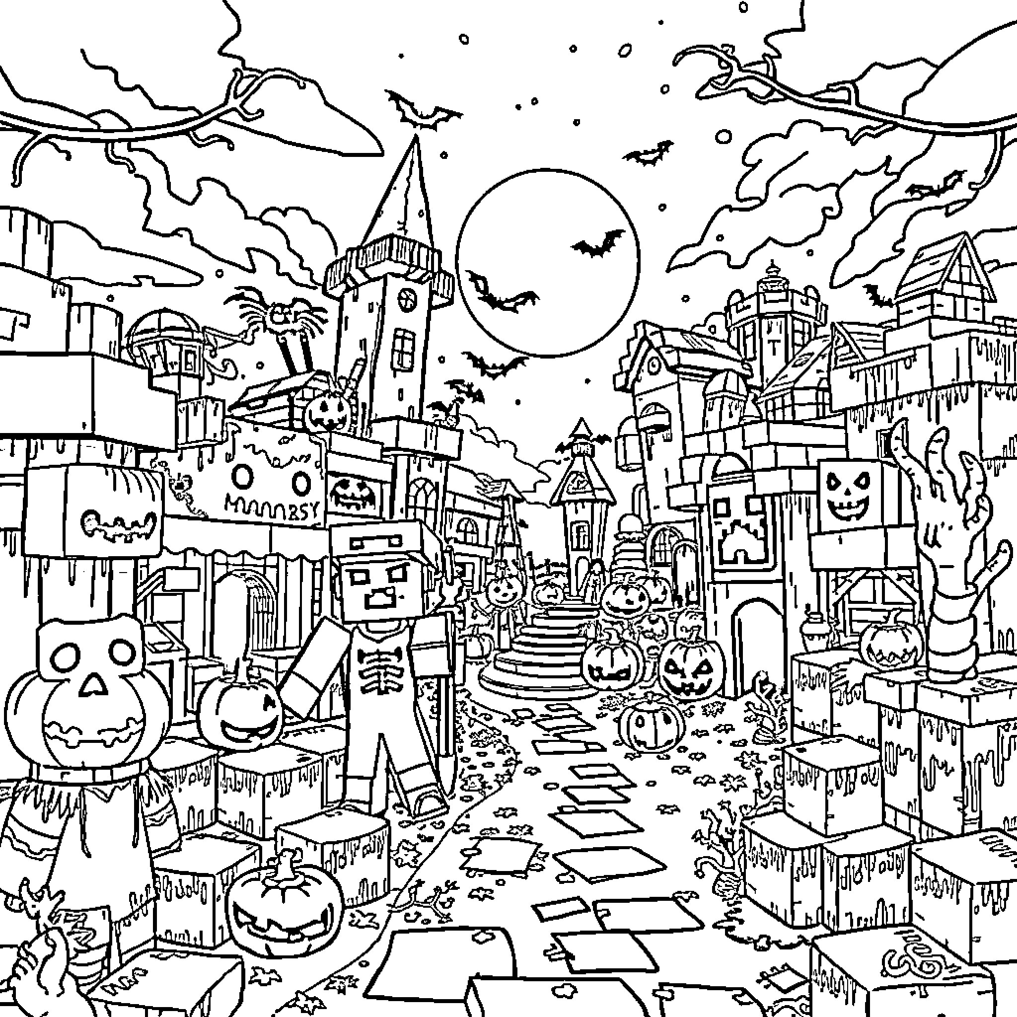 Minecraft Halloween Celebration in Spooky Town Coloring Page (free black-and-white line drawing printable PDF for all, from beginners to advanced learners, including children, teens, adults, and seniors)
