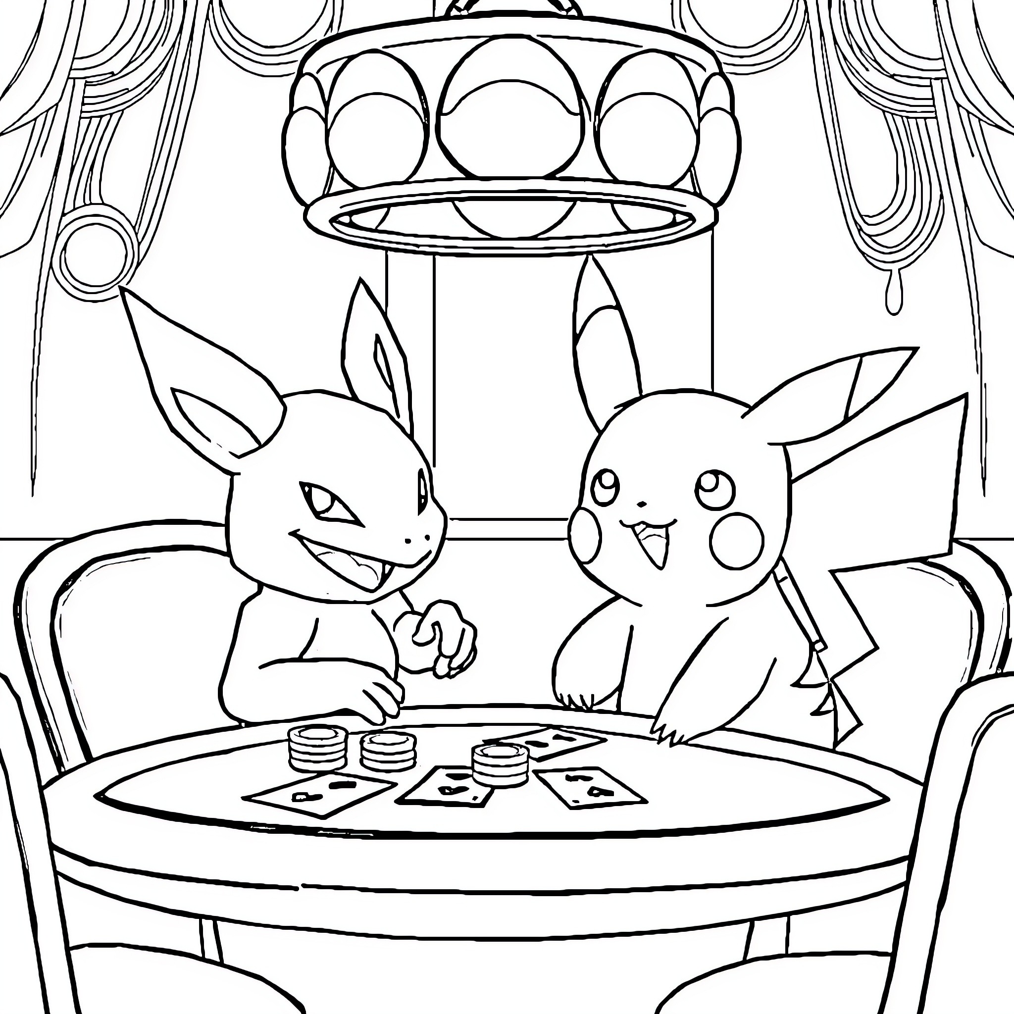 Pikachu playing poker with friends in a fancy room Coloring Page (free black-and-white line drawing printable PDF for all, from beginners to advanced learners, including children, teens, adults, and seniors)