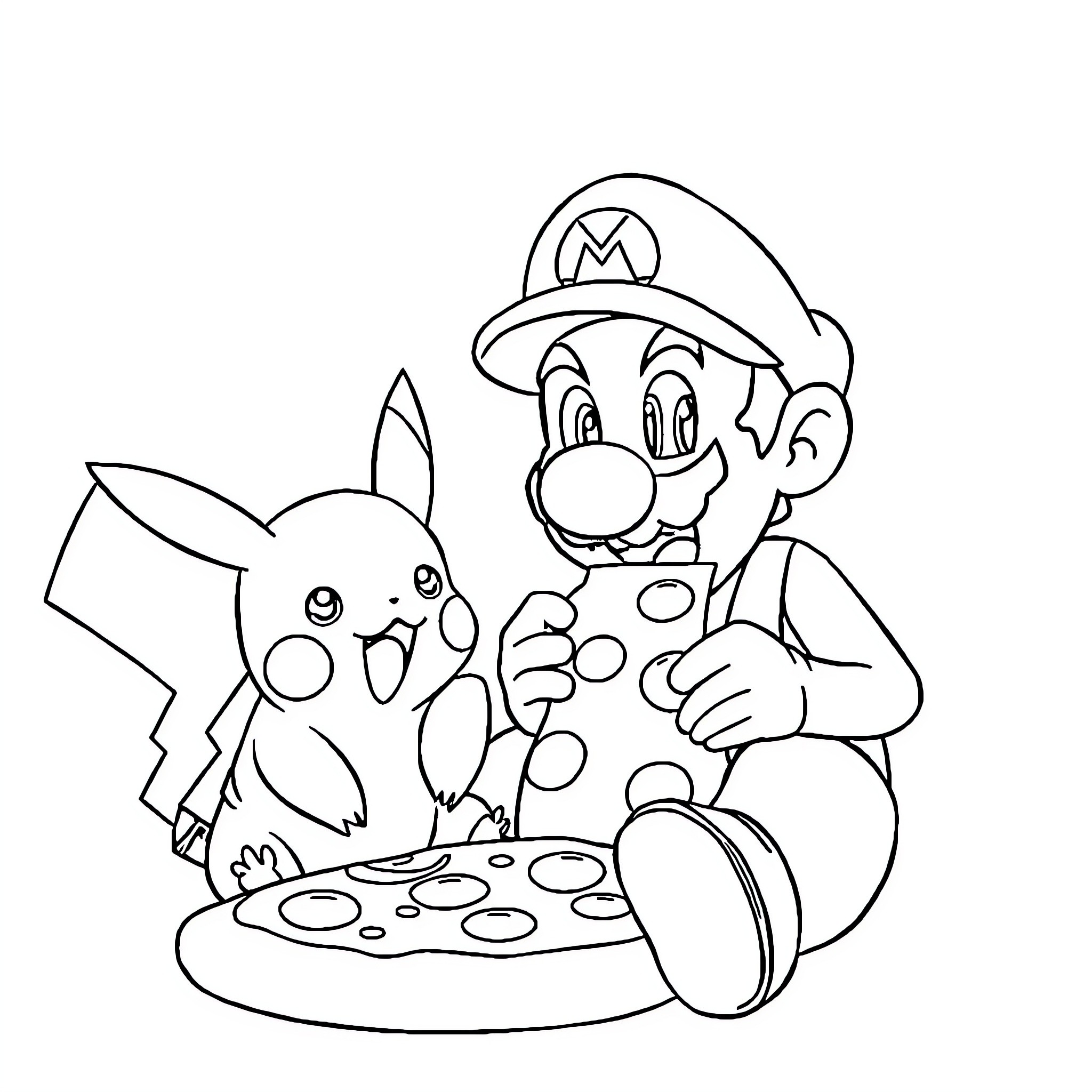 Mario Enjoying Pizza with Pikachu Coloring Page (free black-and-white line drawing printable PDF for all, from beginners to advanced learners, including children, teens, adults, and seniors)