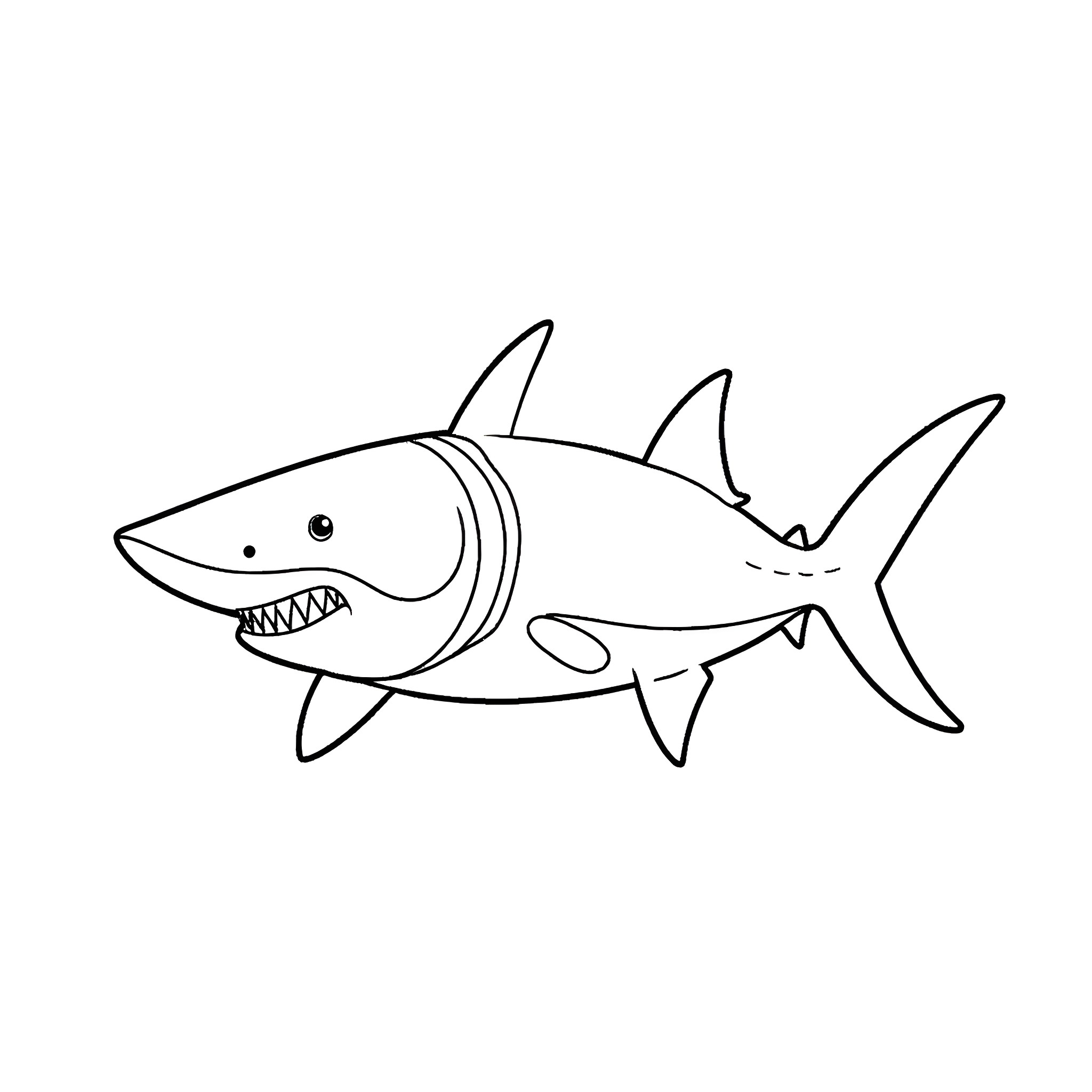 Shark swimming joyfully Coloring Page (free black-and-white line drawing printable PDF for all, from beginners to advanced learners, including children, teens, adults, and seniors)