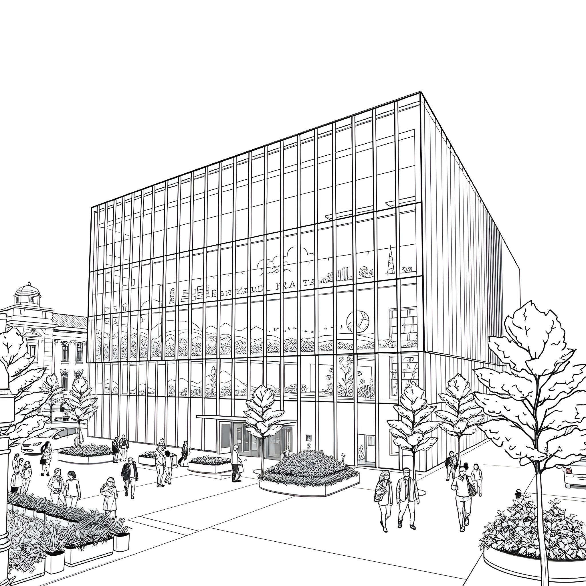 Menzis Building with People Walking on the Sidewalk Coloring Page (free black-and-white line drawing printable PDF for all, from beginners to advanced learners, including children, teens, adults, and seniors)