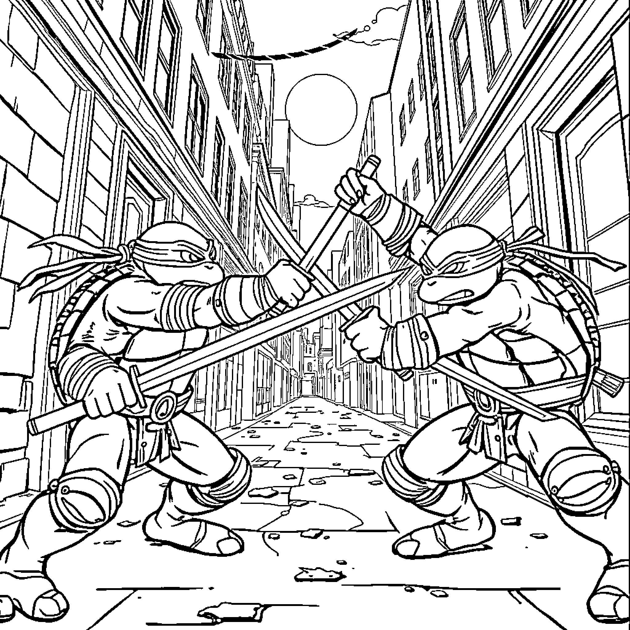 Ninja Turtles battling in the city street Coloring Page (free black-and-white line drawing printable PDF for all, from beginners to advanced learners, including children, teens, adults, and seniors)