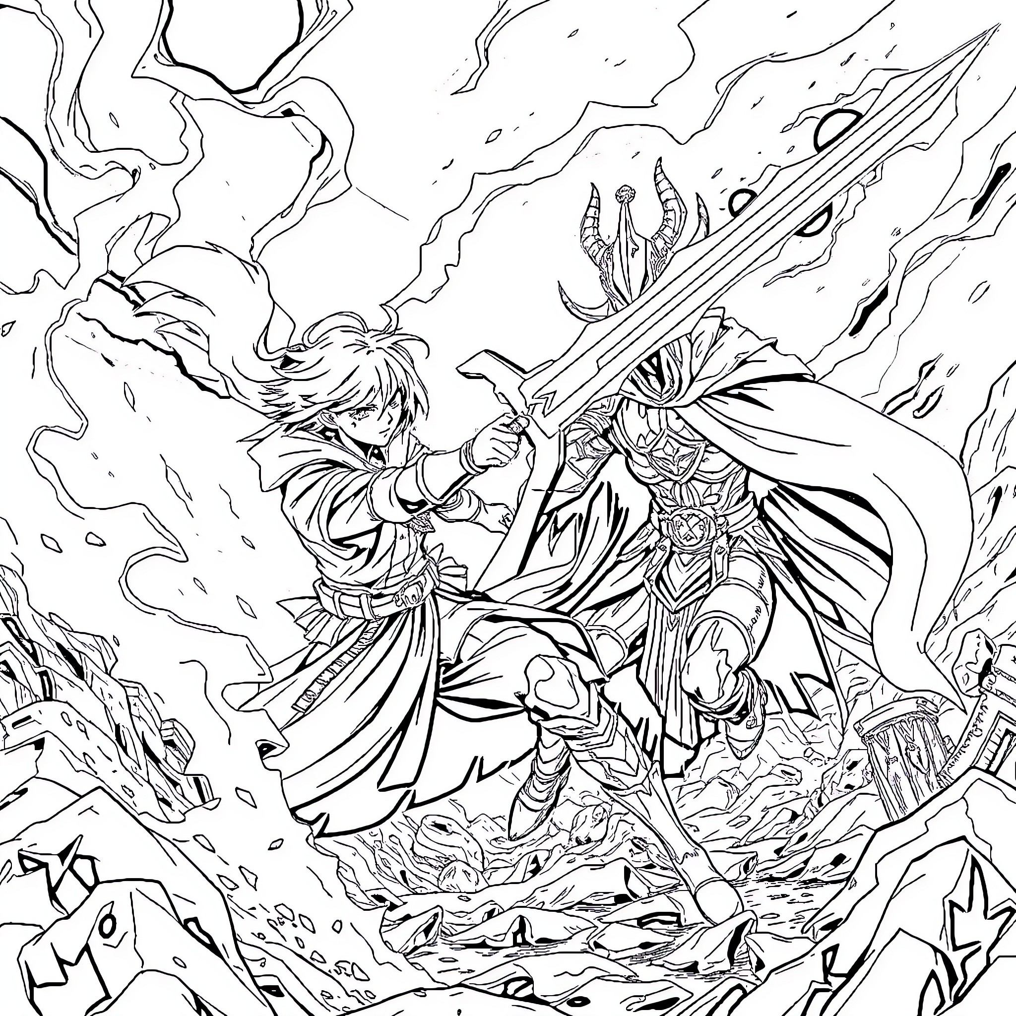 Yuno's Fierce Battle in a Fantastical Realm Coloring Page (free black-and-white line drawing printable PDF for all, from beginners to advanced learners, including children, teens, adults, and seniors)