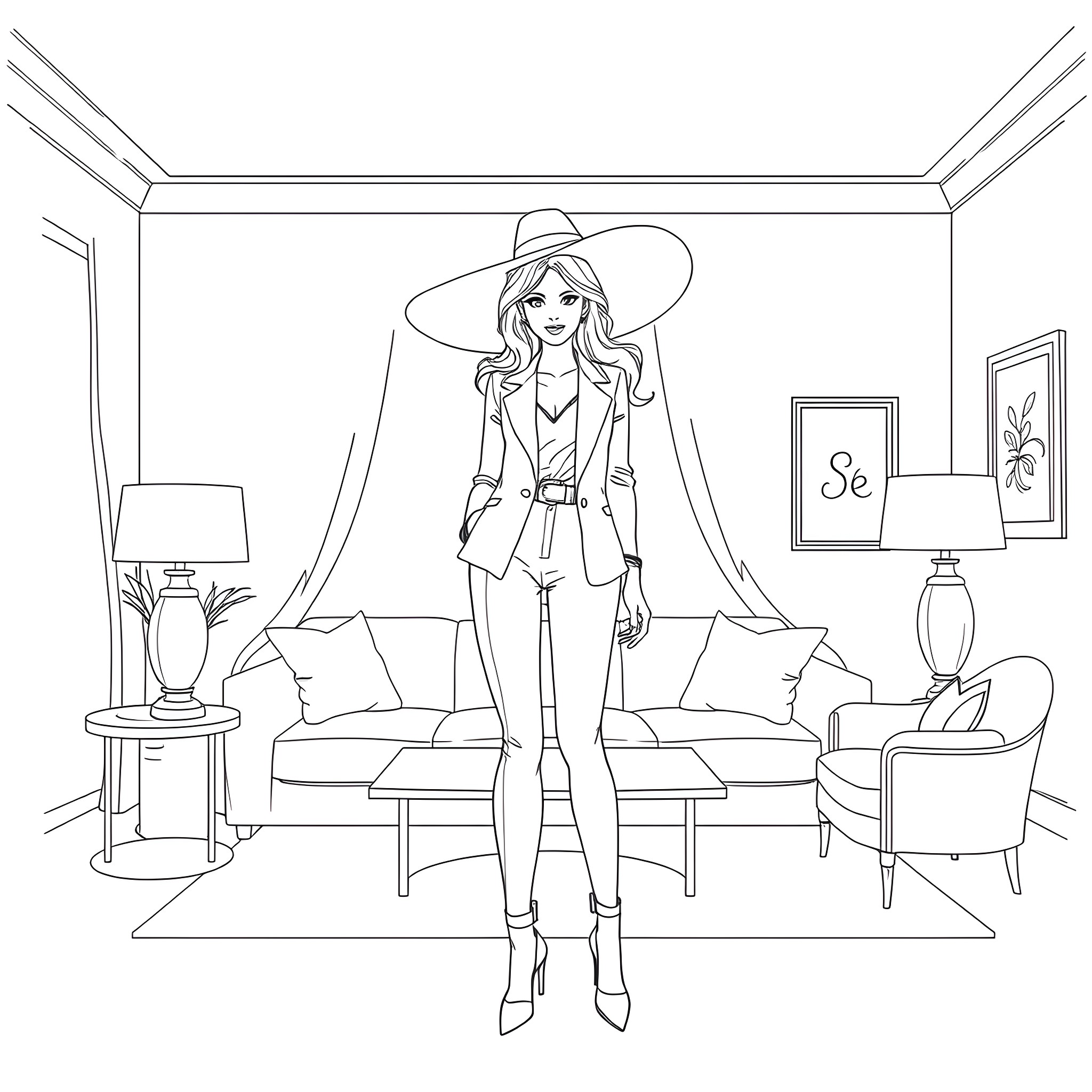 Titled Woman in Chic Attire Coloring Page (free black-and-white line drawing printable PDF for all, from beginners to advanced learners, including children, teens, adults, and seniors)
