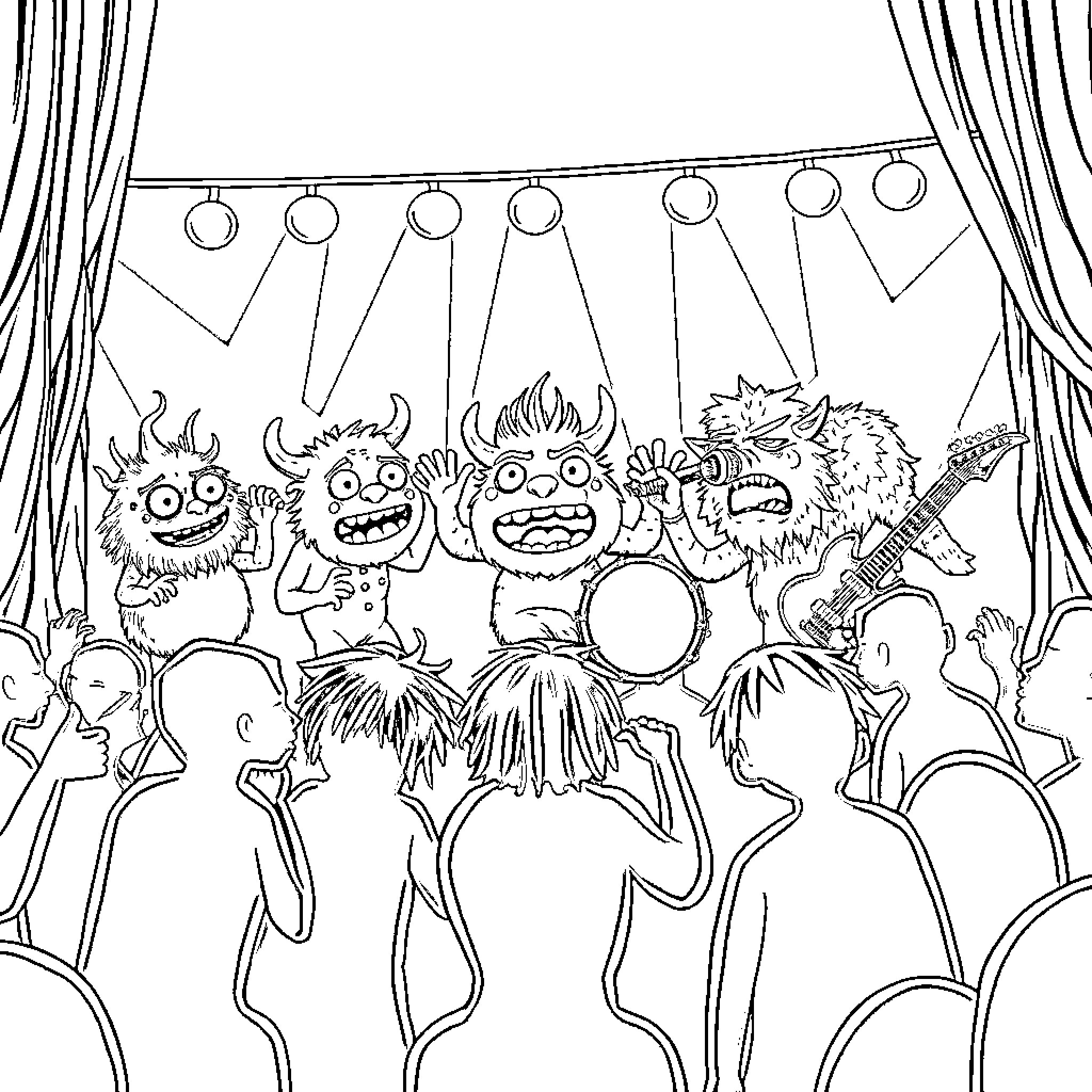Monster band performing on stage with crowd Coloring Page (free black-and-white line drawing printable PDF for all, from beginners to advanced learners, including children, teens, adults, and seniors)