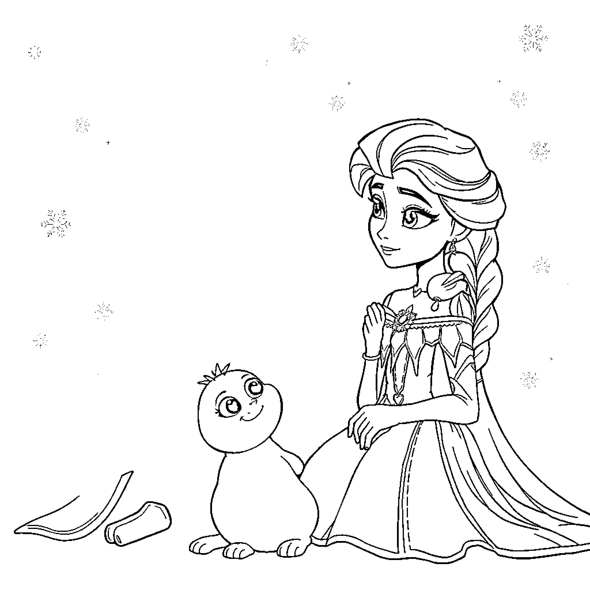 Rumi and the Friendly Penguin Coloring Page (free black-and-white line drawing printable PDF for all, from beginners to advanced learners, including children, teens, adults, and seniors)