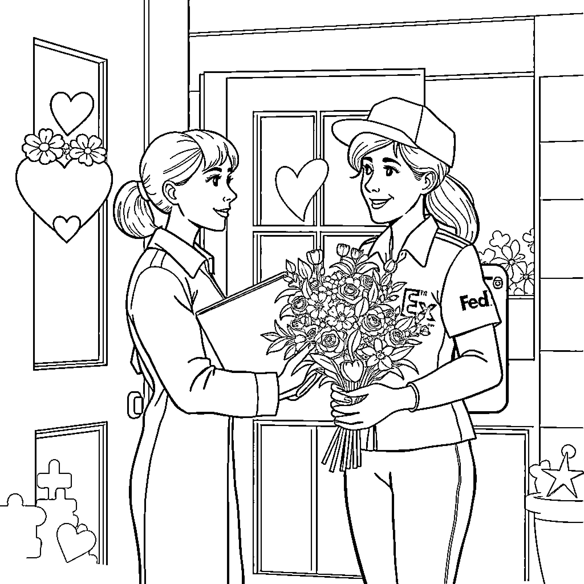 FedEx Driver Delivering Flowers and Love Coloring Page (free black-and-white line drawing printable PDF for all, from beginners to advanced learners, including children, teens, adults, and seniors)