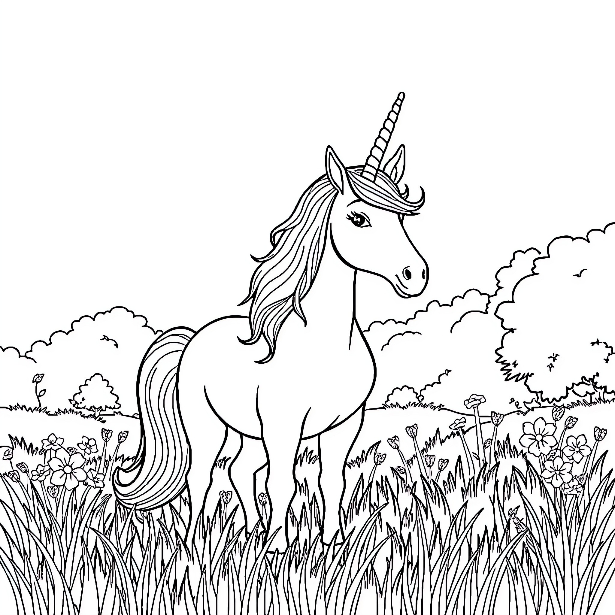 Unicorn standing proudly in a magical meadow Coloring Page (free black-and-white line drawing printable PDF for all, from beginners to advanced learners, including children, teens, adults, and seniors)