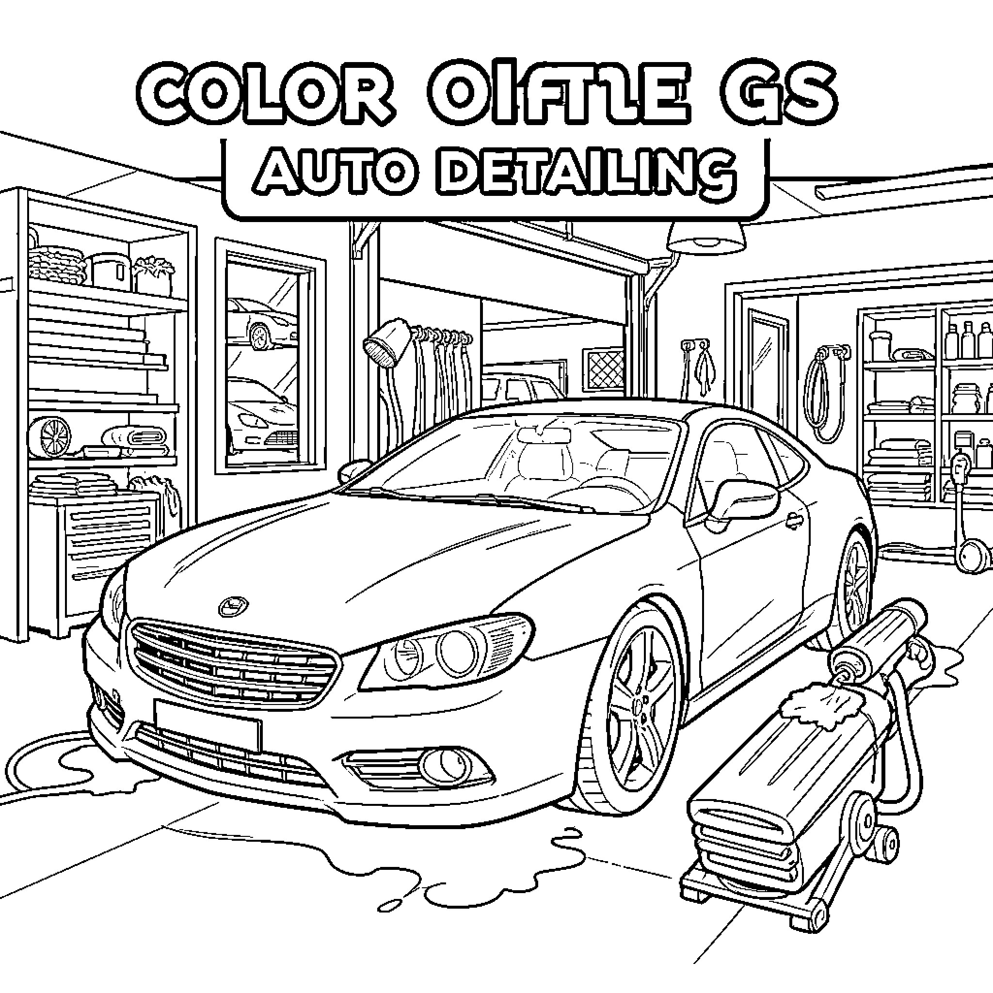 Car being professionally cleaned in an auto detailing shop Coloring Page (free black-and-white line drawing printable PDF for all, from beginners to advanced learners, including children, teens, adults, and seniors)