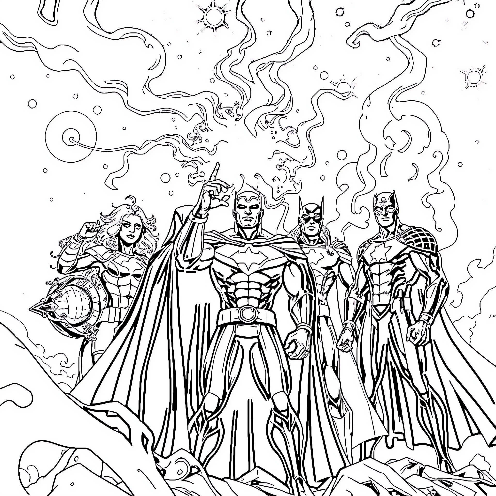 Marvel Heroes in Epic Superhero Showdown Coloring Page (free black-and-white line drawing printable PDF for all, from beginners to advanced learners, including children, teens, adults, and seniors)