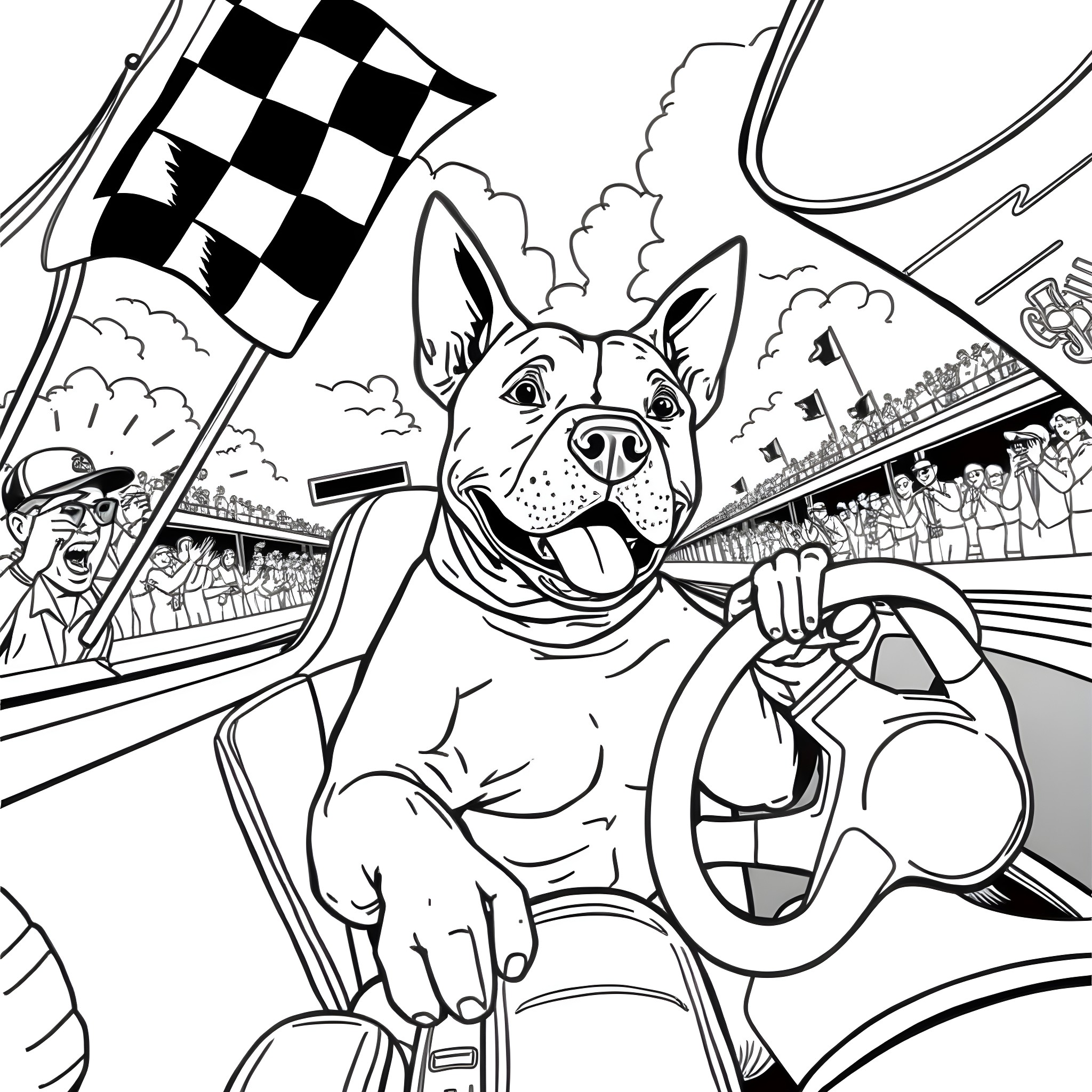 Pitbull racing in a high-speed checkered flag event Coloring Page (free black-and-white line drawing printable PDF for all, from beginners to advanced learners, including children, teens, adults, and seniors)