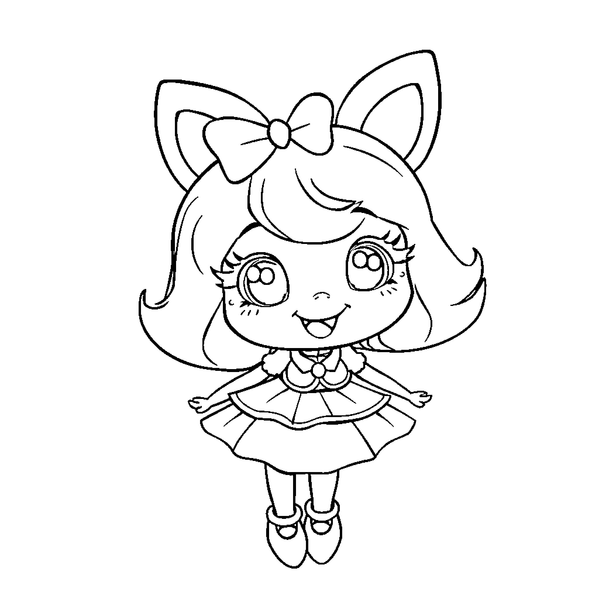 Fraisinette in a playful dress with a bow Coloring Page (free black-and-white line drawing printable PDF for all, from beginners to advanced learners, including children, teens, adults, and seniors)