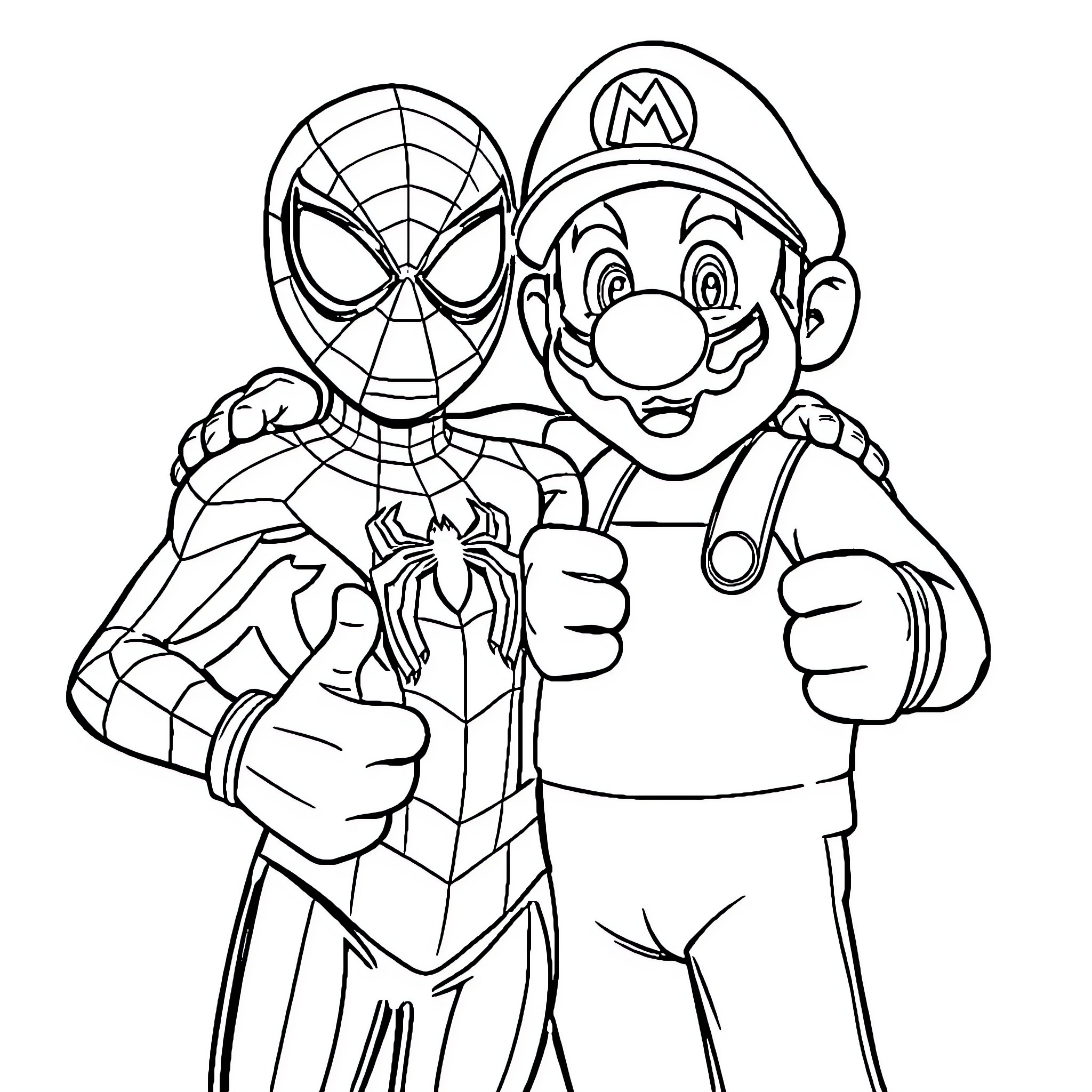 Spiderman and Mario posing together Coloring Page (free black-and-white line drawing printable PDF for all, from beginners to advanced learners, including children, teens, adults, and seniors)