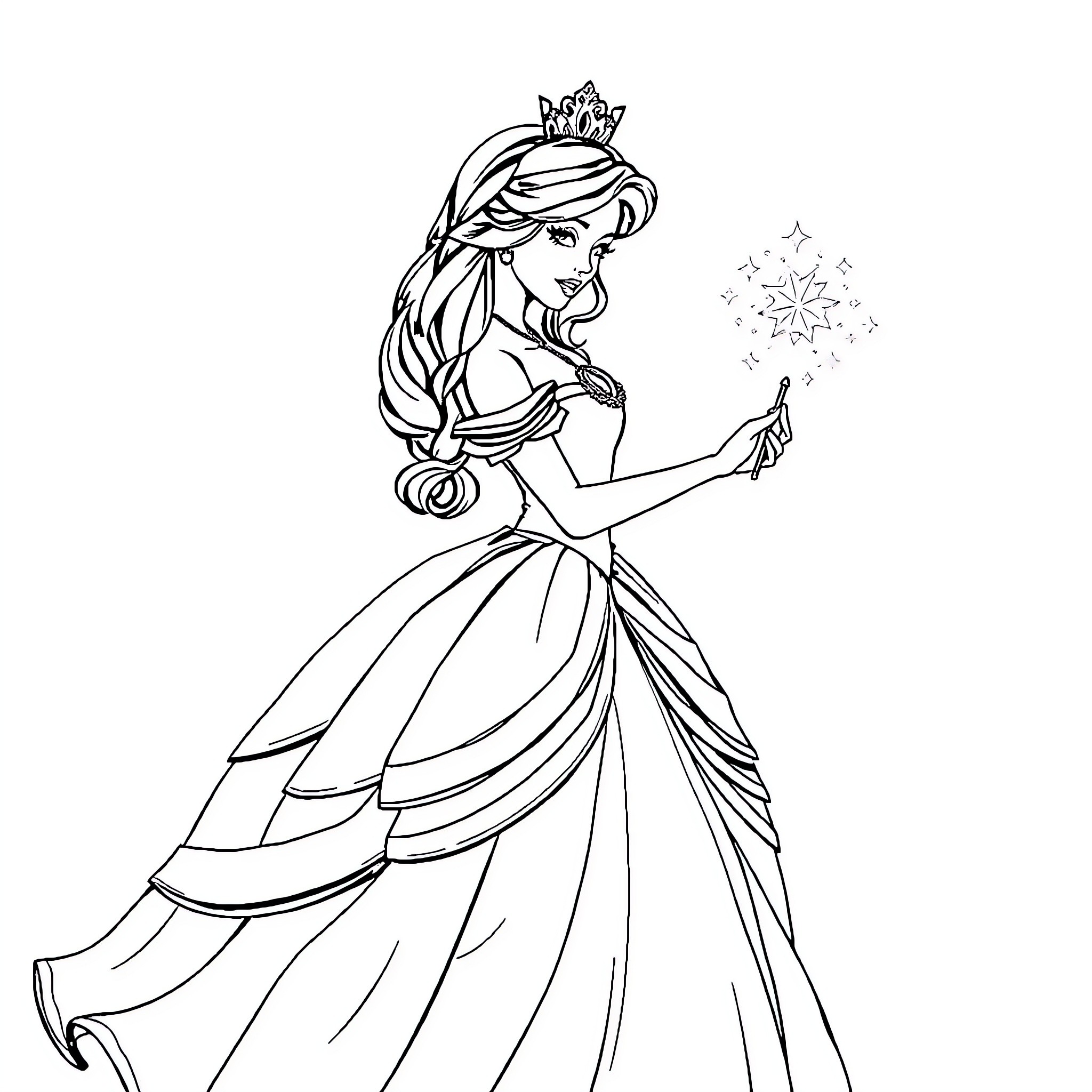Princess casting magical spell with sparkling wand Coloring Page (free black-and-white line drawing printable PDF for all, from beginners to advanced learners, including children, teens, adults, and seniors)