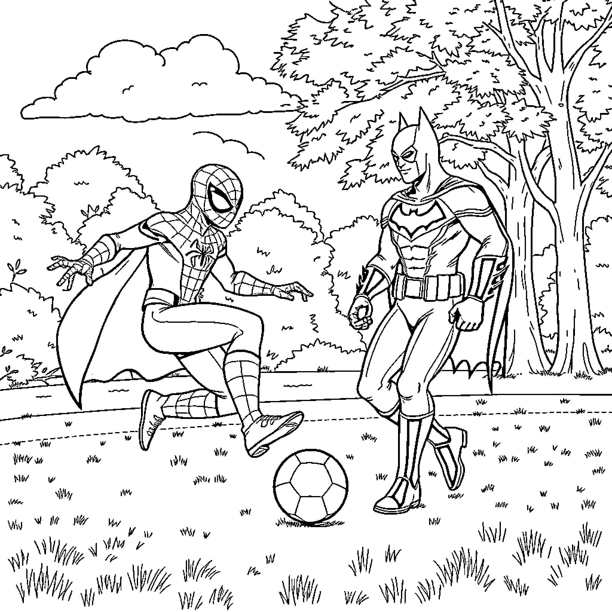 Spiderman and Batman playing football in the park Coloring Page (free black-and-white line drawing printable PDF for all, from beginners to advanced learners, including children, teens, adults, and seniors)