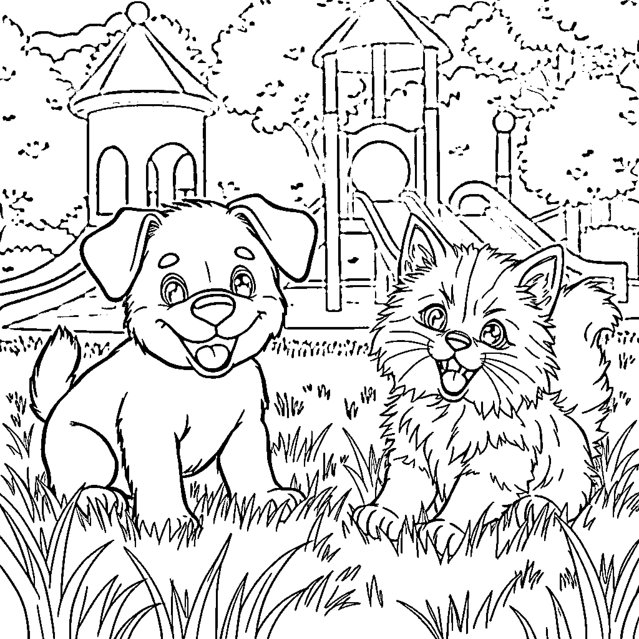 Dog and cat playing happily on the playground Coloring Page (free black-and-white line drawing printable PDF for all, from beginners to advanced learners, including children, teens, adults, and seniors)