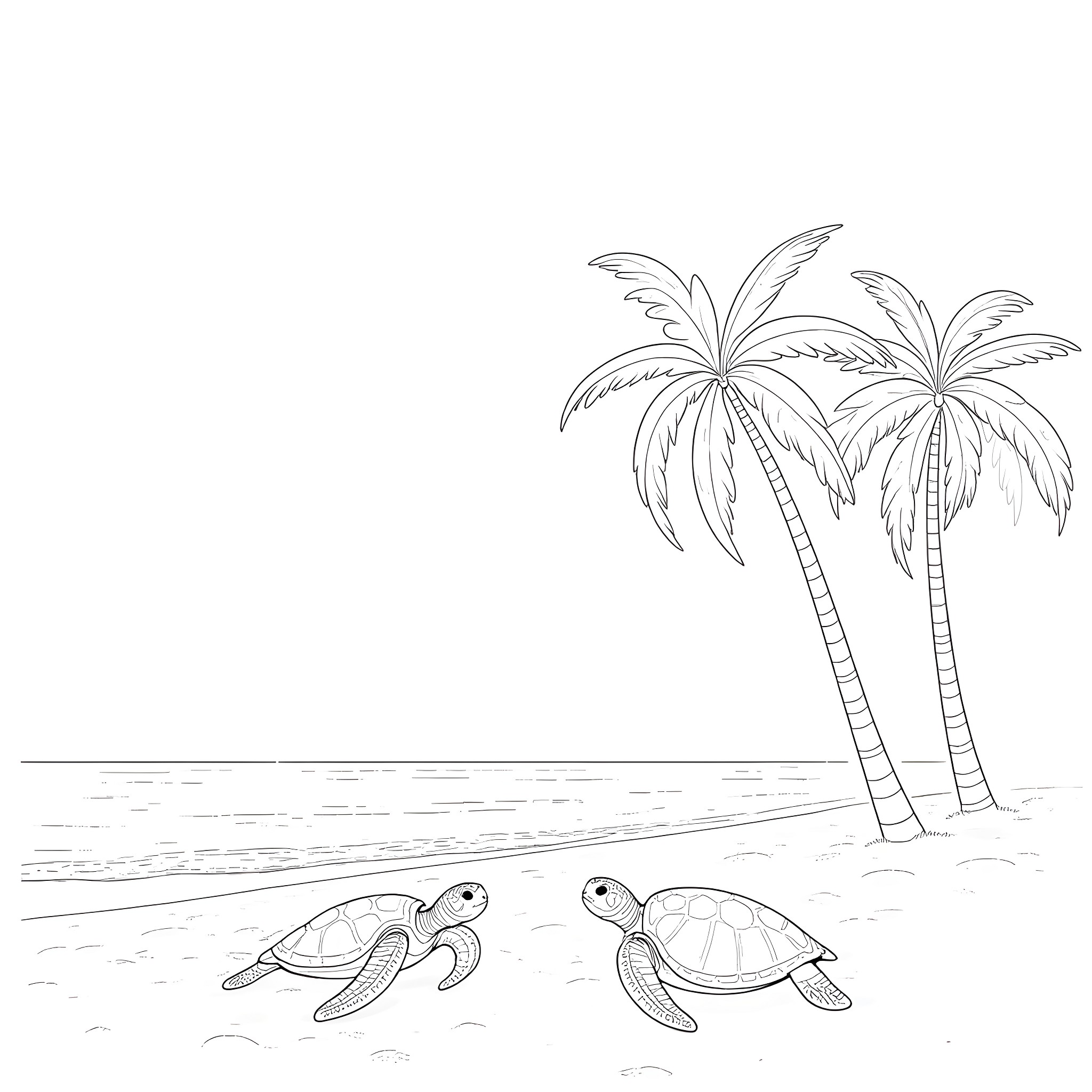 Turtles swimming near tropical palm trees Coloring Page (free black-and-white line drawing printable PDF for all, from beginners to advanced learners, including children, teens, adults, and seniors)