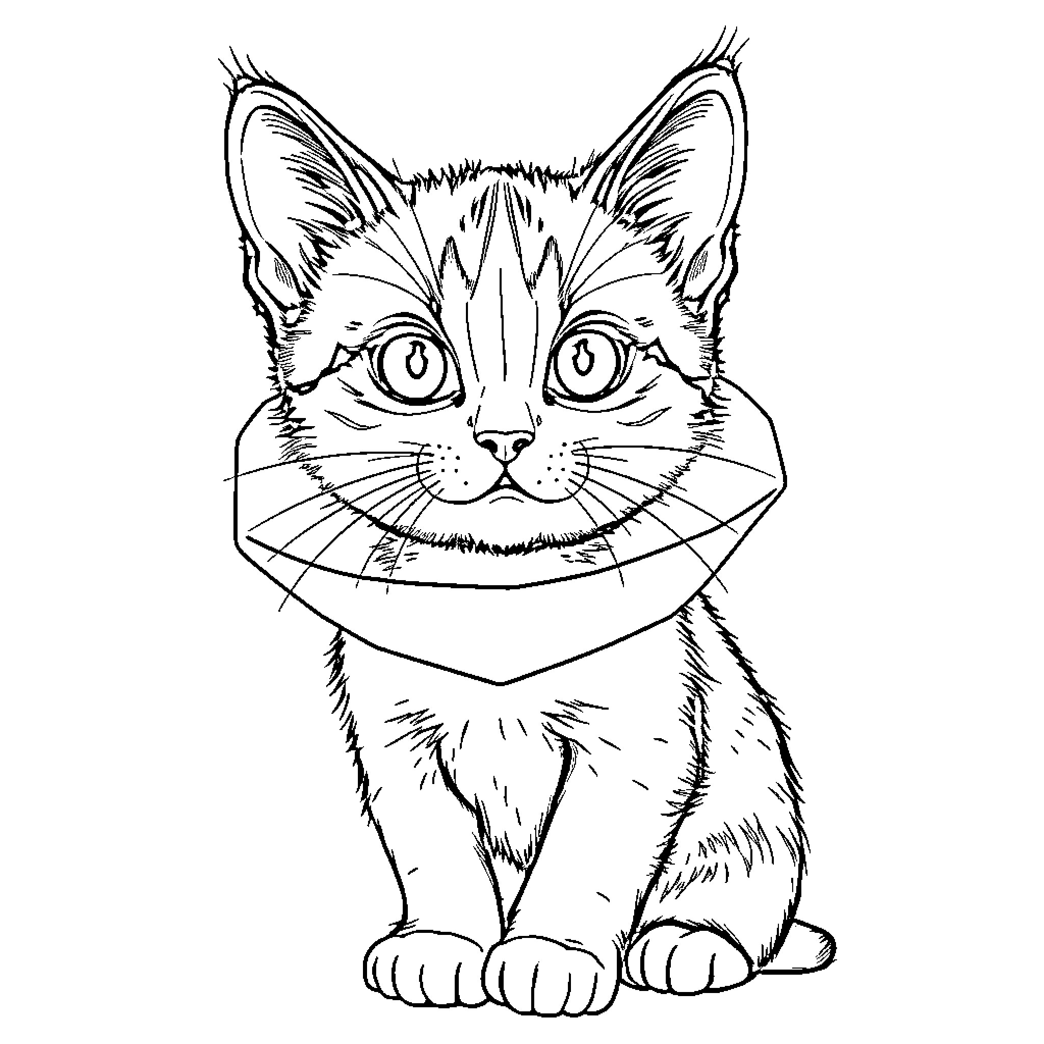Kitten wearing a protective medical cone Coloring Page (free black-and-white line drawing printable PDF for all, from beginners to advanced learners, including children, teens, adults, and seniors)