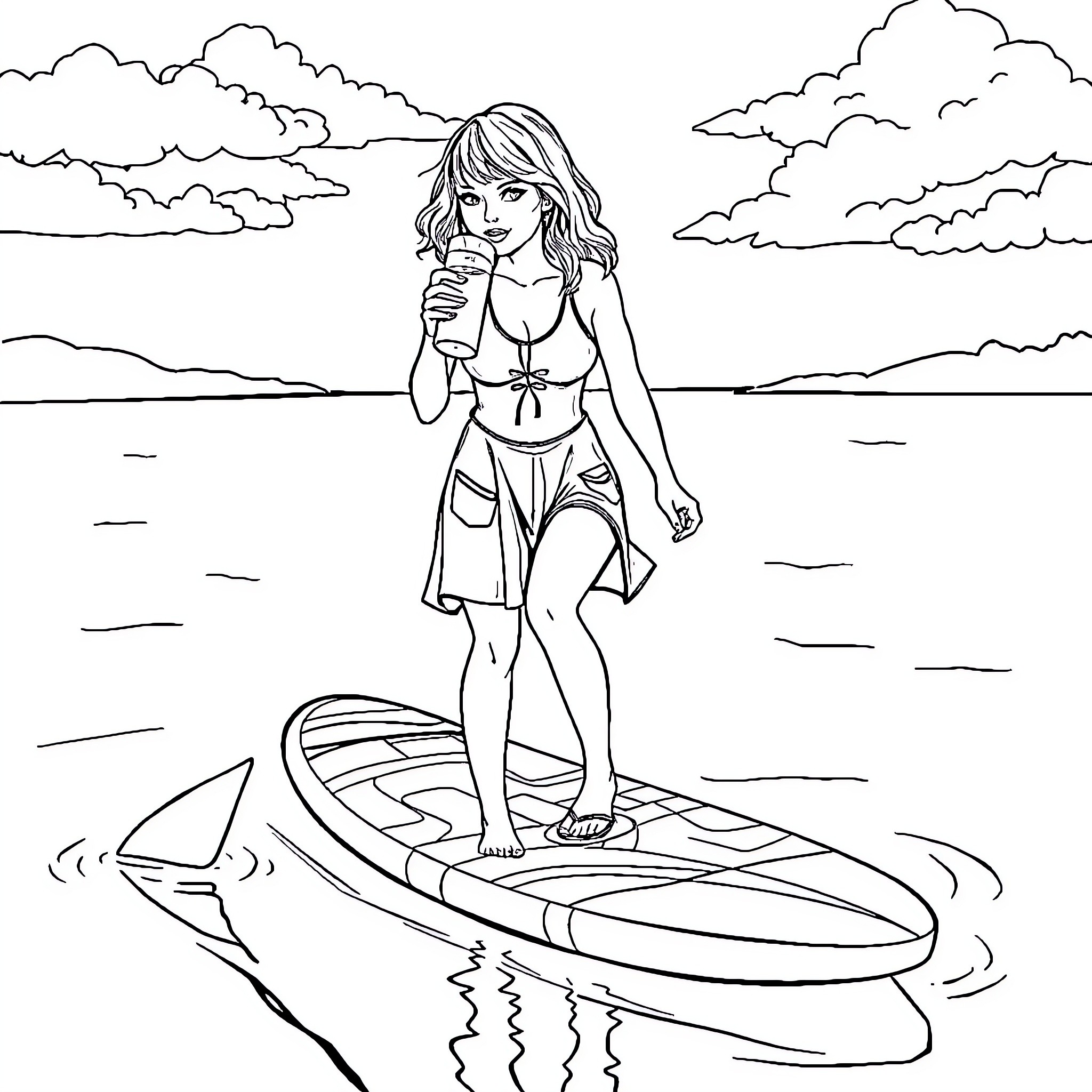 Taylor Swift enjoying the ocean on a surfboard Coloring Page (free black-and-white line drawing printable PDF for all, from beginners to advanced learners, including children, teens, adults, and seniors)