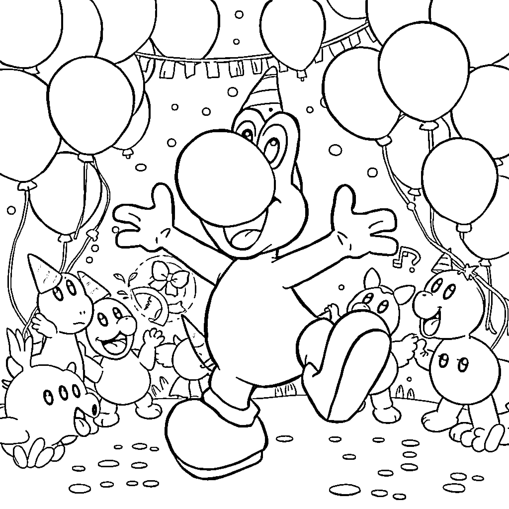 Yoshi's Joyful Birthday Celebration Coloring Page (free black-and-white line drawing printable PDF for all, from beginners to advanced learners, including children, teens, adults, and seniors)