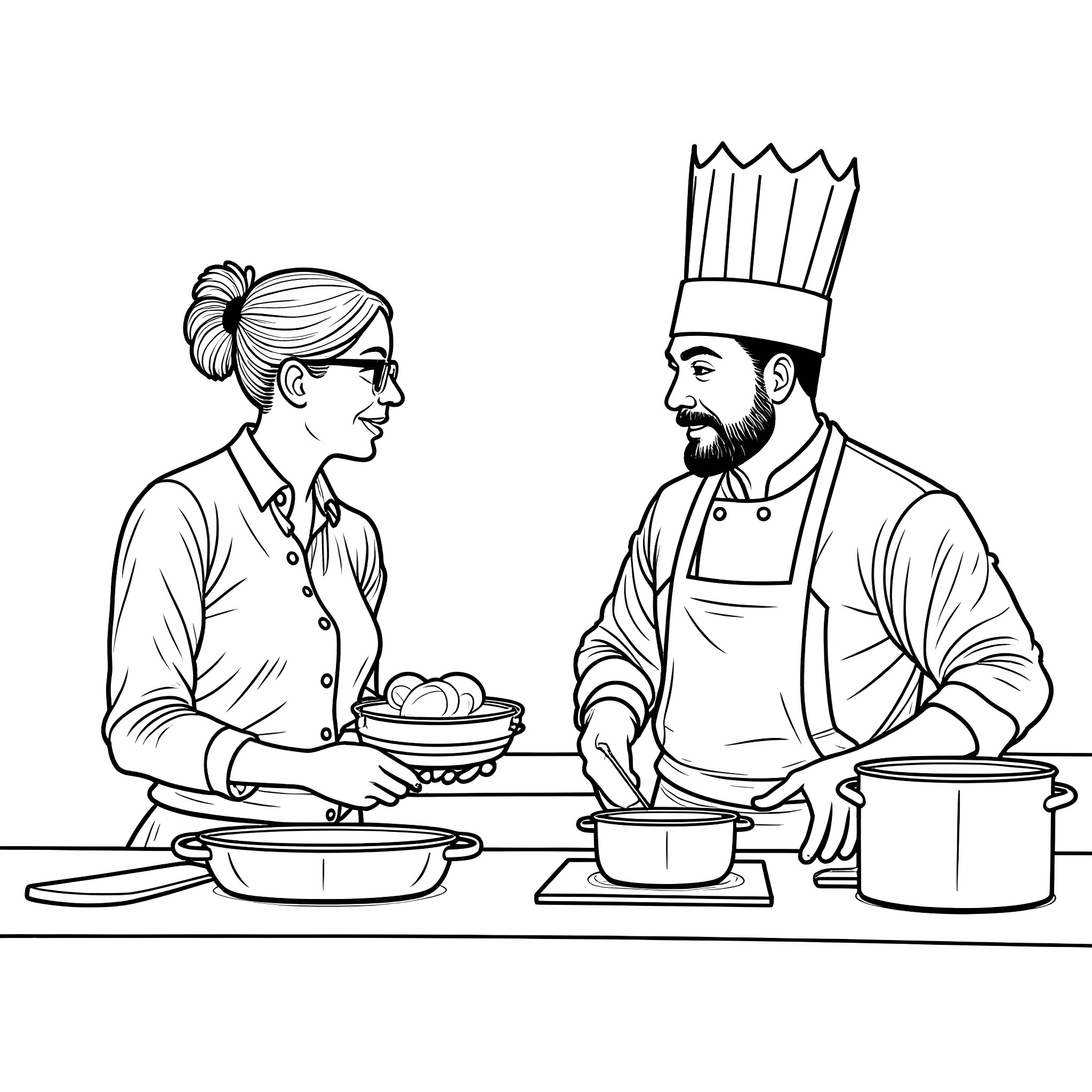 Salesperson duo preparing dishes in the kitchen Coloring Page (free black-and-white line drawing printable PDF for all, from beginners to advanced learners, including children, teens, adults, and seniors)
